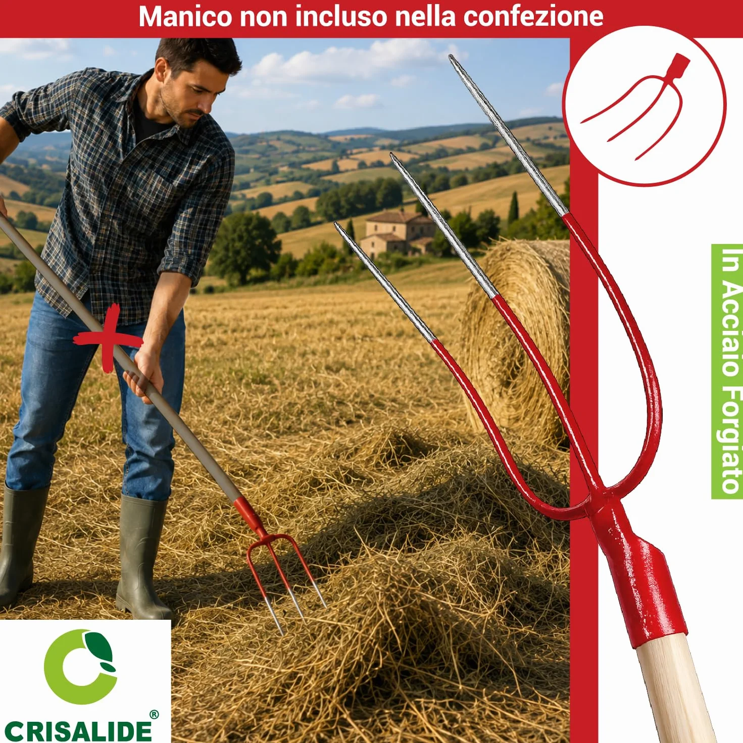 Crisalide® Forca per Fieno a 3 Denti Senza Manico – Forca in Acciaio Forgiato per Paglia, Fieno, Erbacce e Uso Agricolo Professionale
