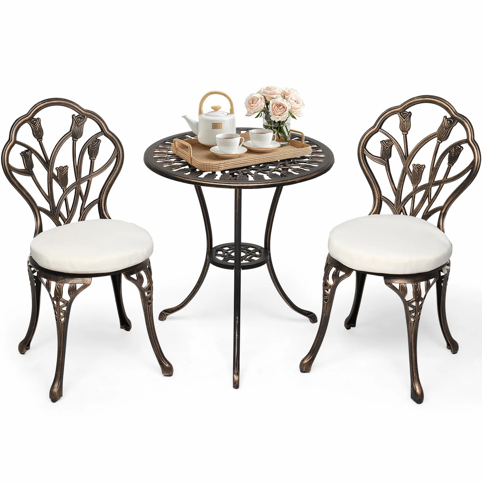 Bonnlo Set Bistrot in Lega di Alluminio, Set Tavolo e 2 Sedie da Giardino con 2 Cuscini in Spugna, Piedini Regolabili e Foro per Ombrellone, Tavolino e Sedie per Patio, Esterno e Balcone