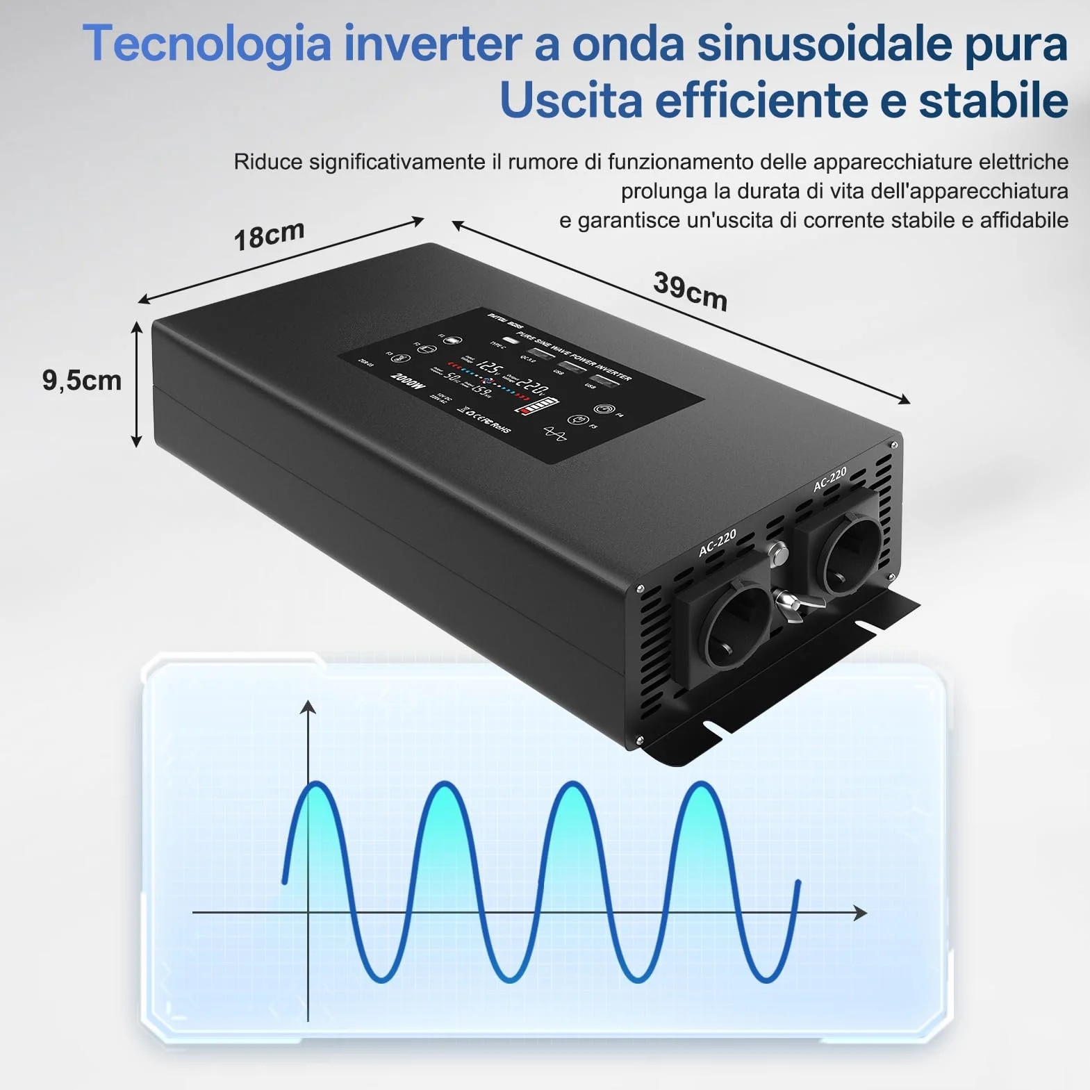DATOUBOSS Inverter 12V 220V/230V Onda Pura 2000W Convertitore con Telecomando 2 Prese EU USB QC3.0 Type-C Display LCD