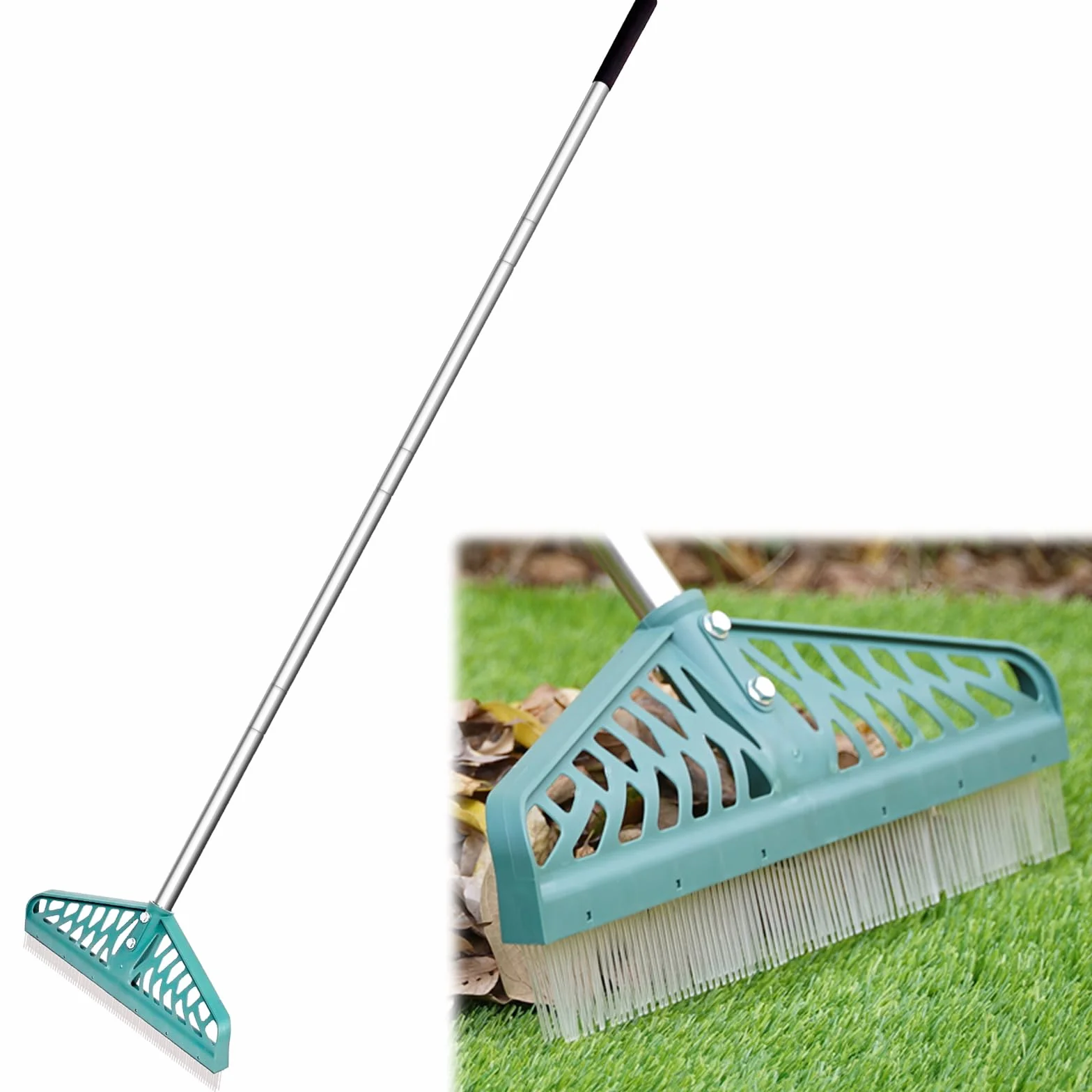 YEELOR Rastrello per tappeto erboso artificiale, manico acciaio regolabile 81-150 cm, spazzola anti-pelli animali