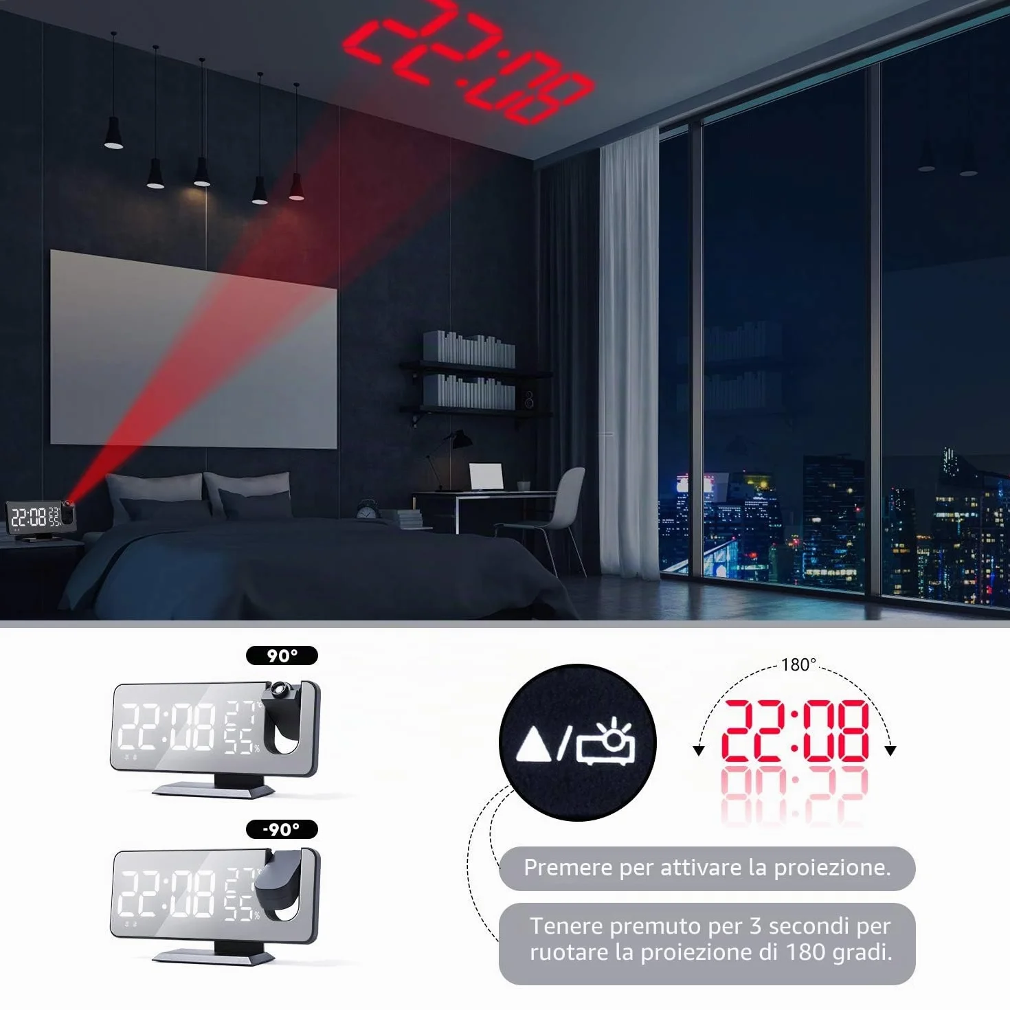 ThreeH Sveglia a Proiezione per Camera da Letto Ampio Display a Specchio LED 7,4'' con Ricarica USB Ruotabile 180° Nero-Bianco