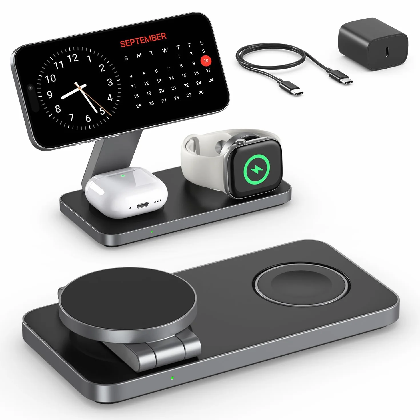 Caricatore Wireless 3 in 1 15W per iPhone 17/16/15/14/13/12 con Mag-Safe, Stazione Ricarica Rapida Apple (Nero)