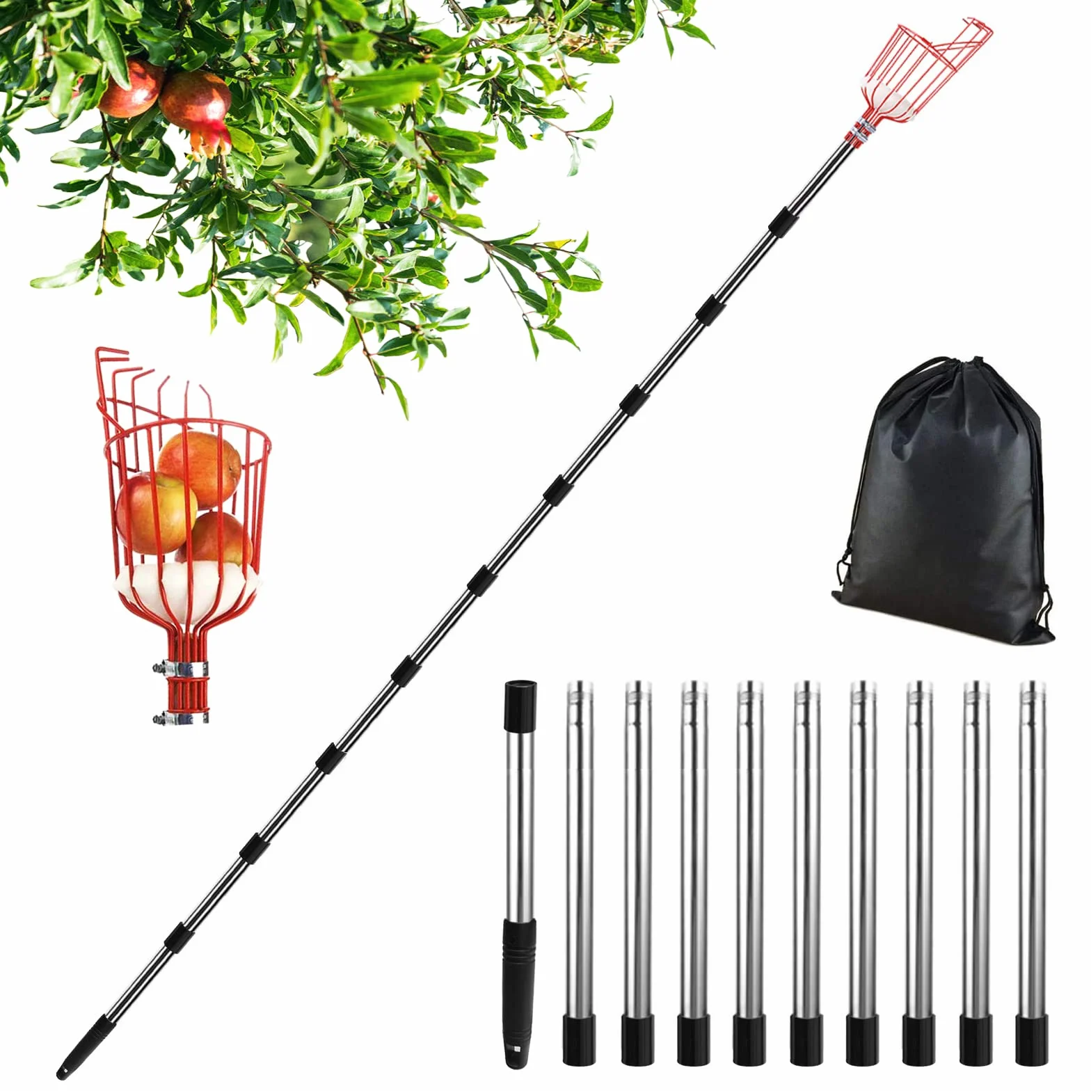 Raccogli Frutta da Albero 4.2M, Raccogli Frutta Telescopico, Raccoglifrutta Telescopico Inox, Raccogli Mele, Bastone Raccogli Frutta, Raccoglitrice Attrezzo per Fichi Ciliegie Pere Limone Ø 145mm