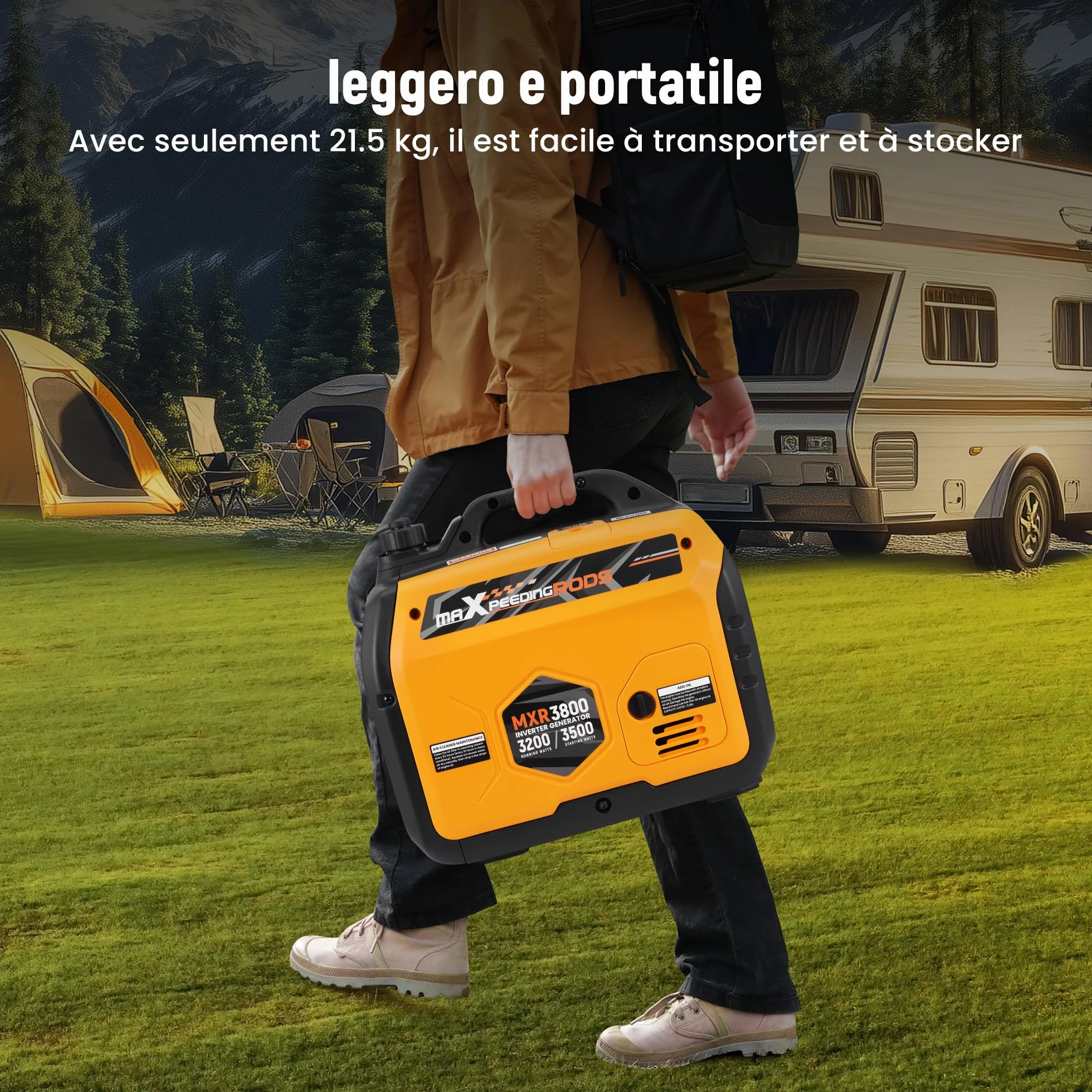 maXpeedingrods Generatore di Corrente 3500W, Portatile Generatore Inverter a Benzina 4 Tempi con 2 prese da 230 V / 2 USB / 1 presa da 12 V CC, Modalità ECO Per RV, Camper e Emergenze