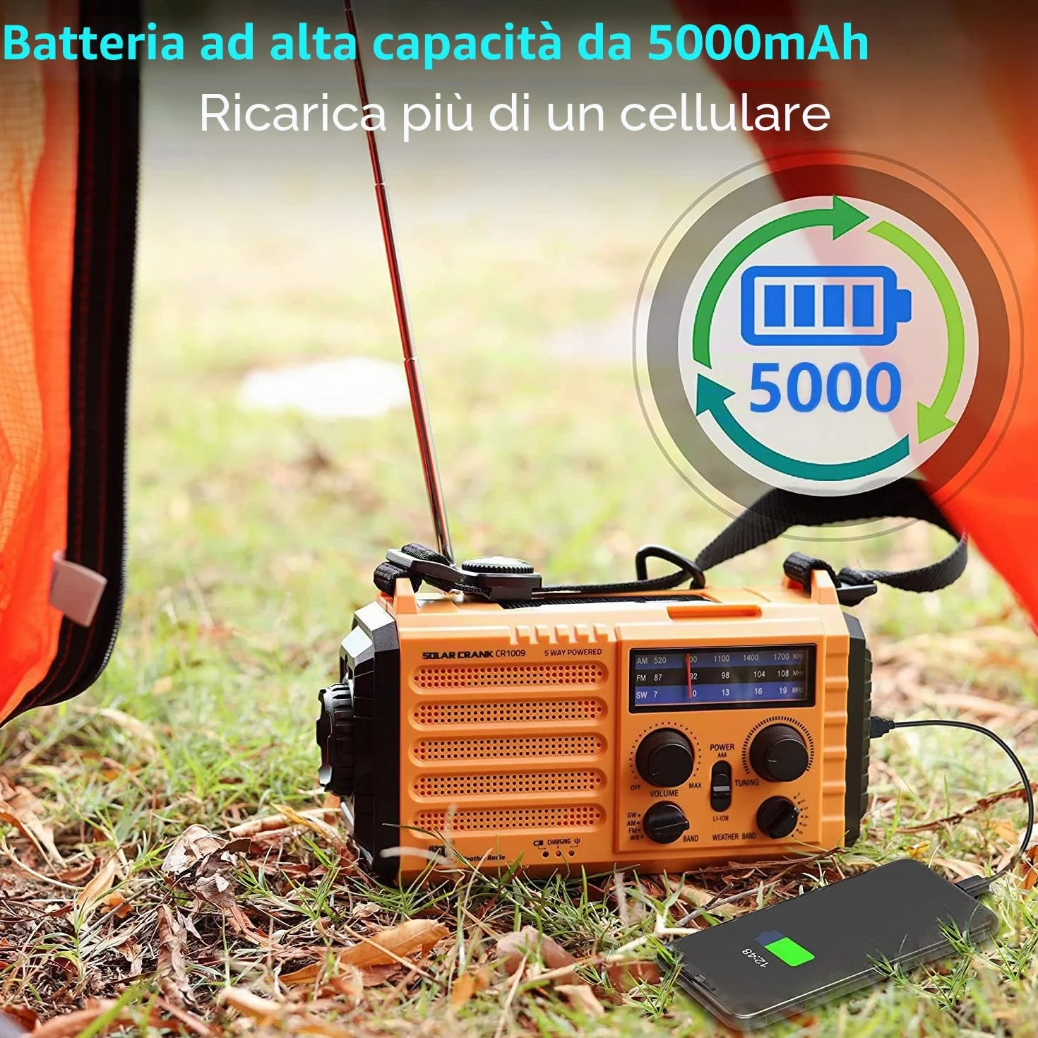 Mesqool Radio Portatile di Emergenza 5000mAh con Manovella, AM/FM, Caricatore USB, Torcia LED e Allarme SOS