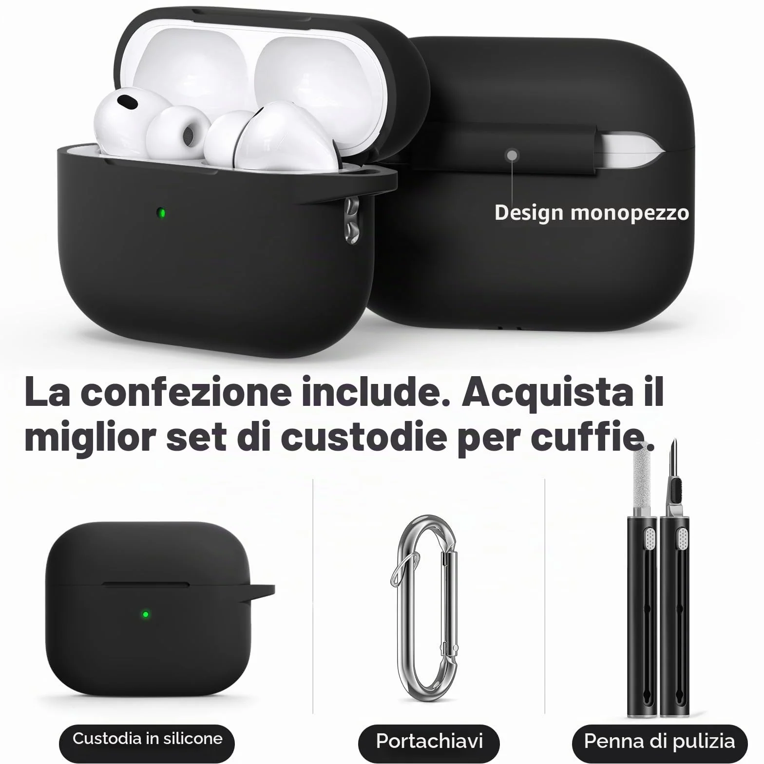 Inesore Hülle für AirPods Pro 3 (2025), Silikon-Schutzhülle mit Reinigungsset, Schwarz