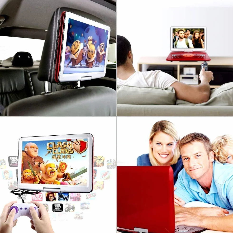 YOOHOO Lettore DVD portatile 16,9" schermo LCD per bambini con adattatore auto ricaricabile SD USB AV IN/OUT telecomando rosso