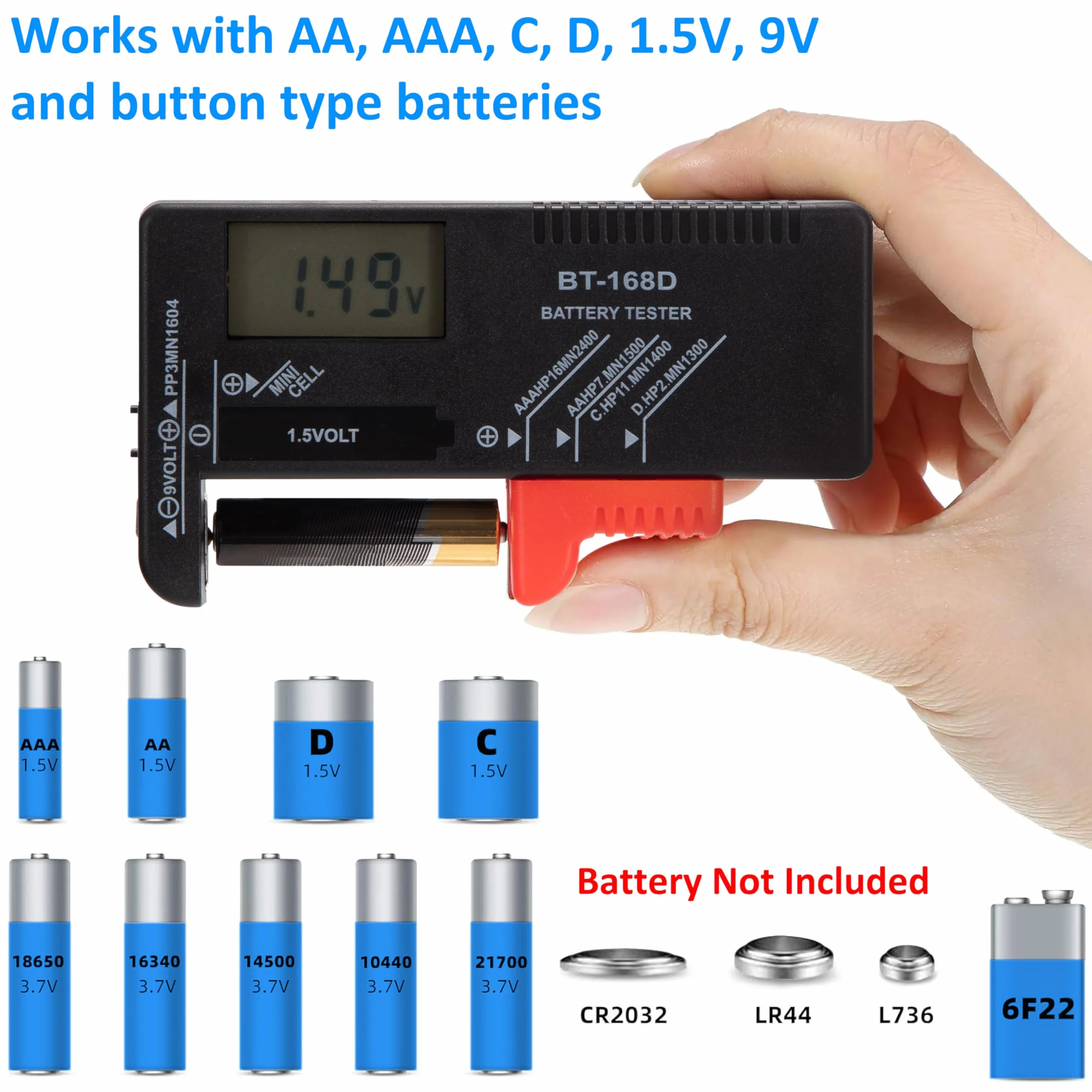 Tunejoy Tester per Batteria Digitale Universale con Display LCD per AA AAA C D PP3 9V 1.5V Bottone