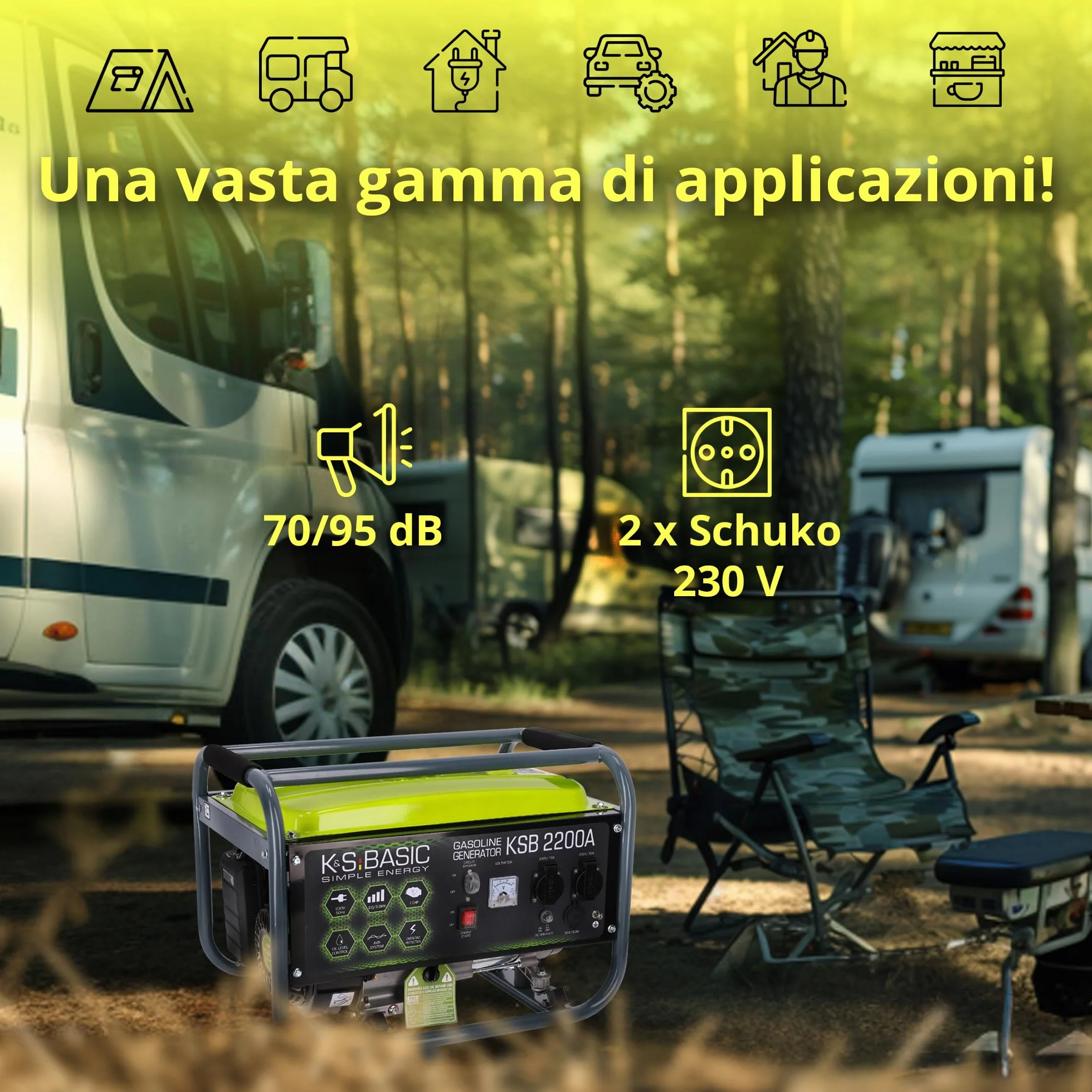 KSB 2200А - Generatore di corrente, motore a benzina a 4 tempi, 5,5 CV, in alluminio, con regolatore automatico di tensione (AVR), 2200 W 16 A, 230 V per uso domestico e ricreativo