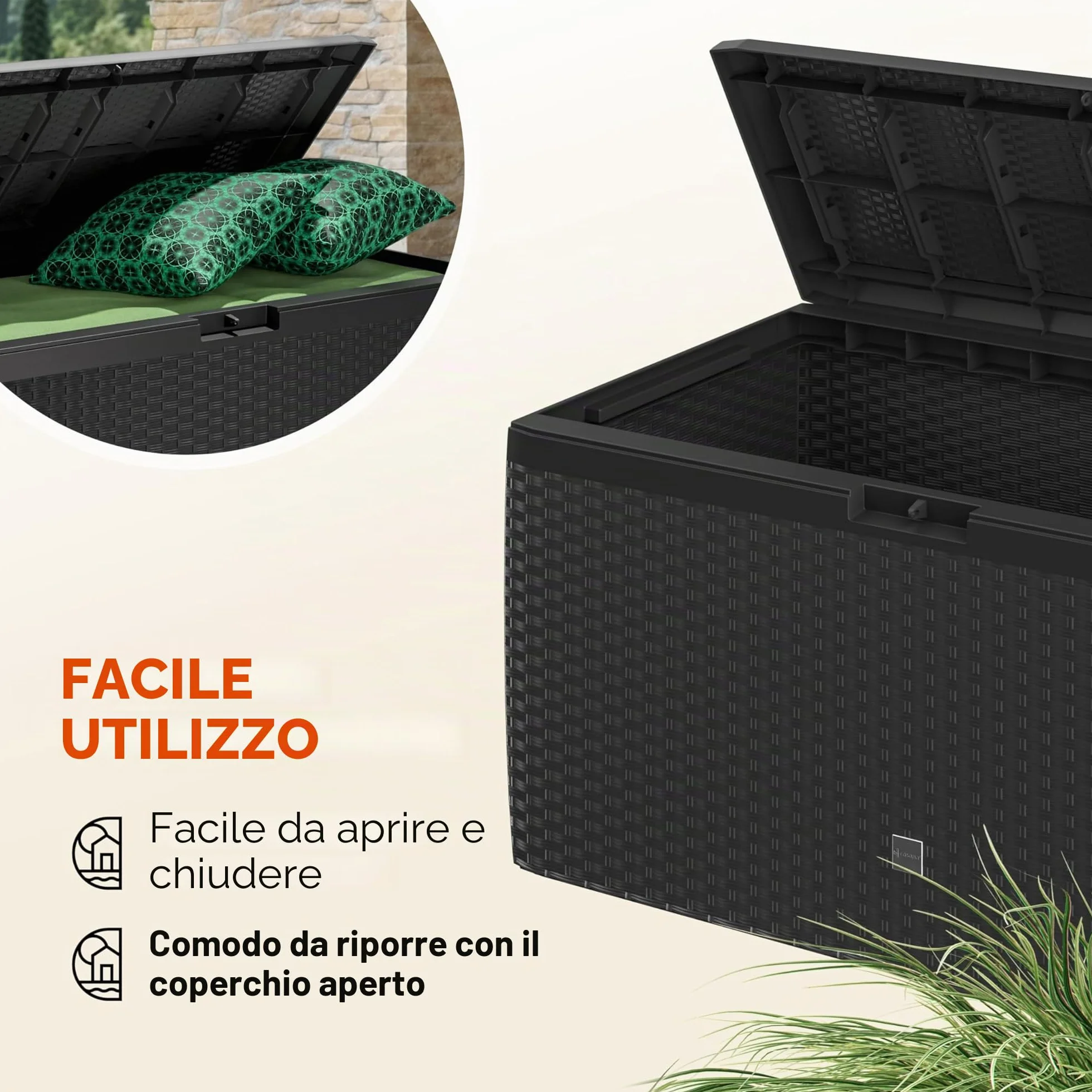 Casaria® Baule da Giardino 117x47x60cm Aspetto Polyrattan 290L Box Multiuso Multibox Cuscini 6 Ruote Coperchio Esterno