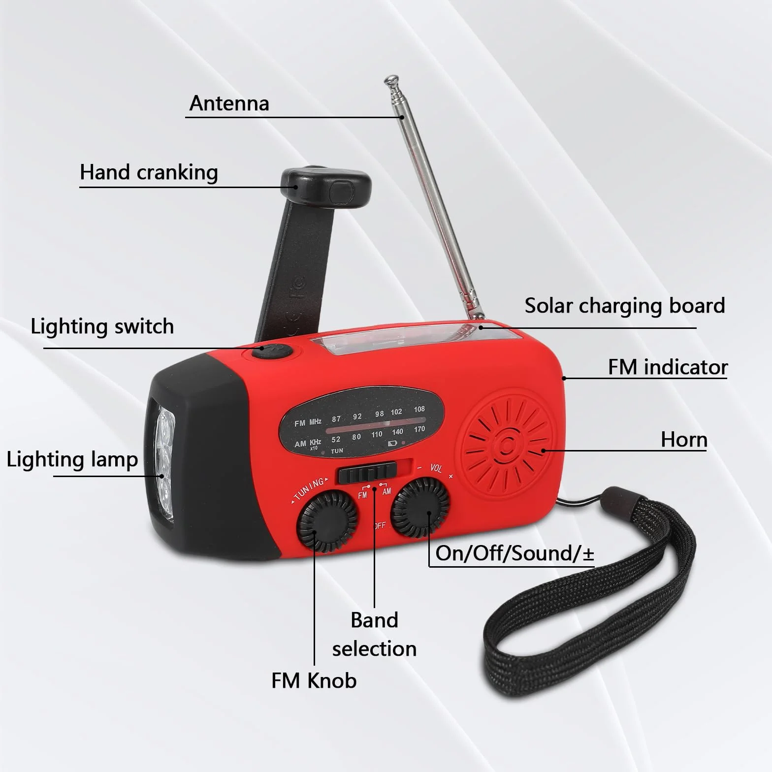 Radio di Sopravvivenza Solare con Dinamo, Portatile Emergenza con LED 3 Modalità, Allarme SOS, Caricatore USB 5V, Impermeabile