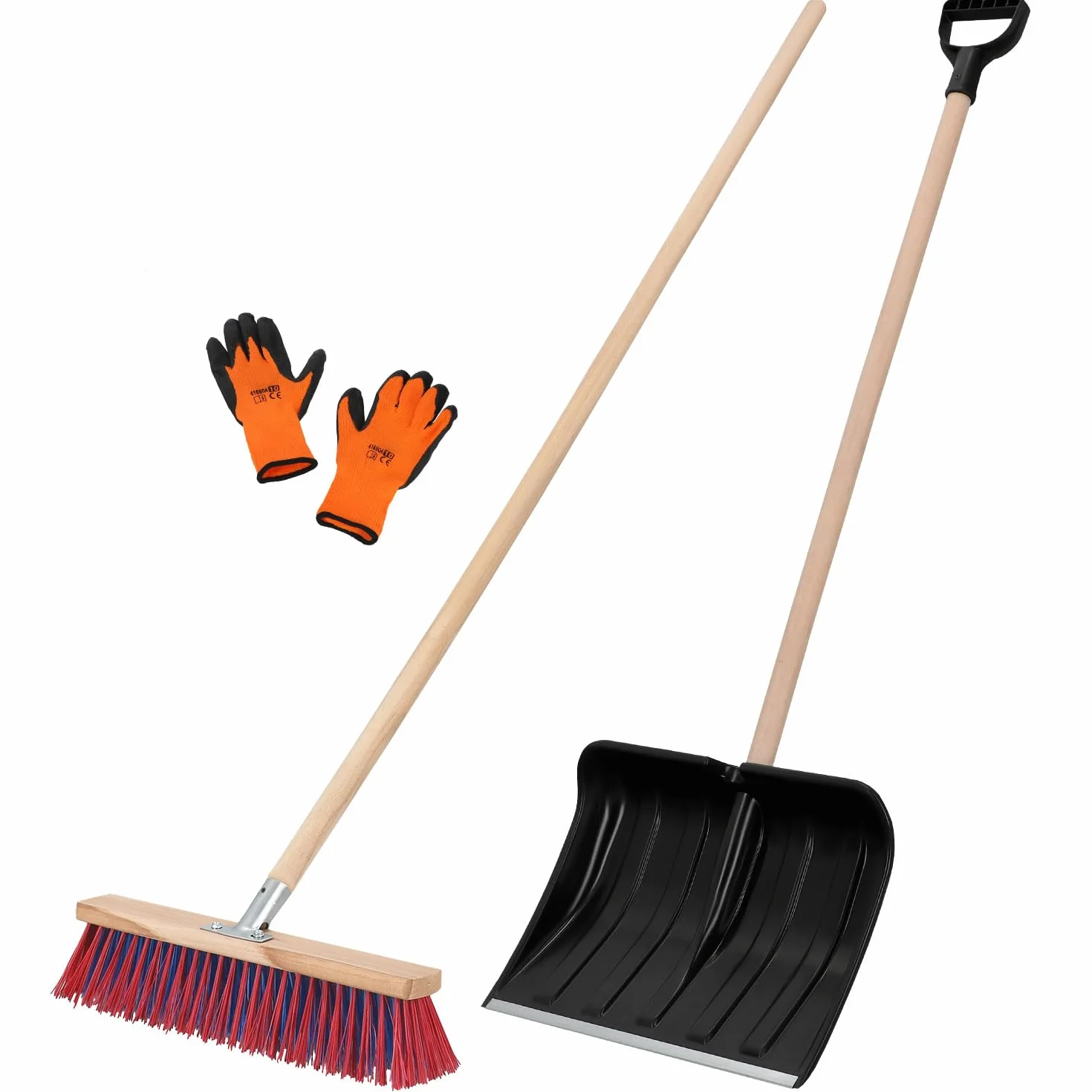 KOTARBAU® Set pala da neve con manico in legno 131 cm scopa da strada 43 cm + guanti pala da neve pala da neve spazzaneve scopa da giardino con manico esterno pala da neve auto manico in legno per la