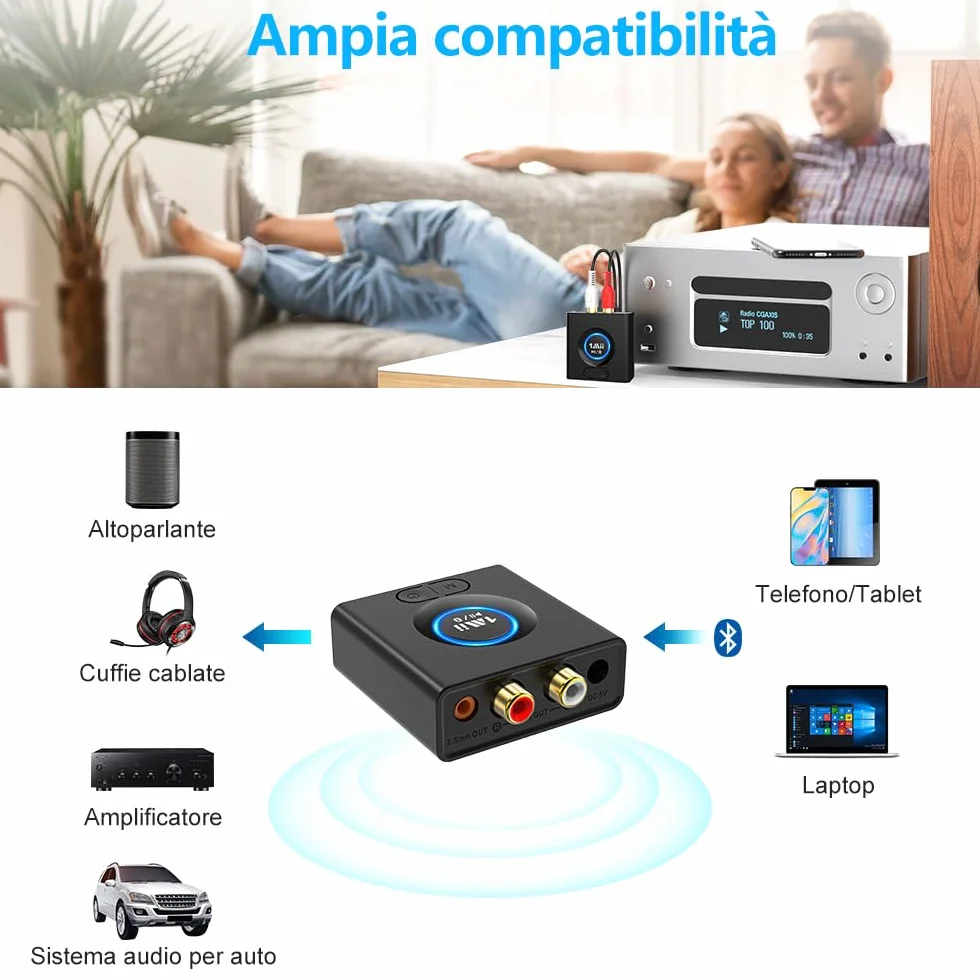 1Mii Ricevitore Bluetooth Senza Fili HiFi, Adattatore Audio Bluetooth RCA/AUX 3,5mm per Impianto Stereo, Autonomia 12H, Bassa Latenza
