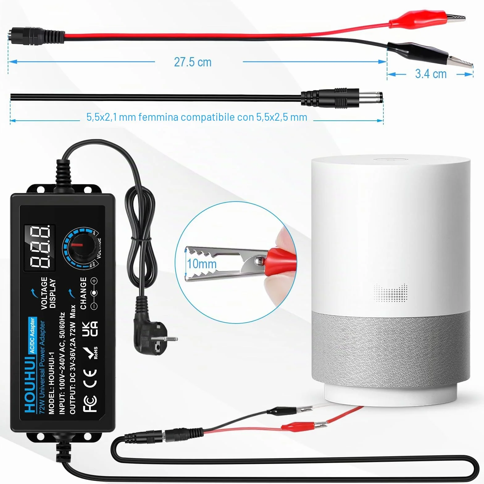 Uniwersalny regulowany zasilacz 3V-36V 2A 72W 100V-240V AC DC LED 5,5x2,5mm 16 końcówek