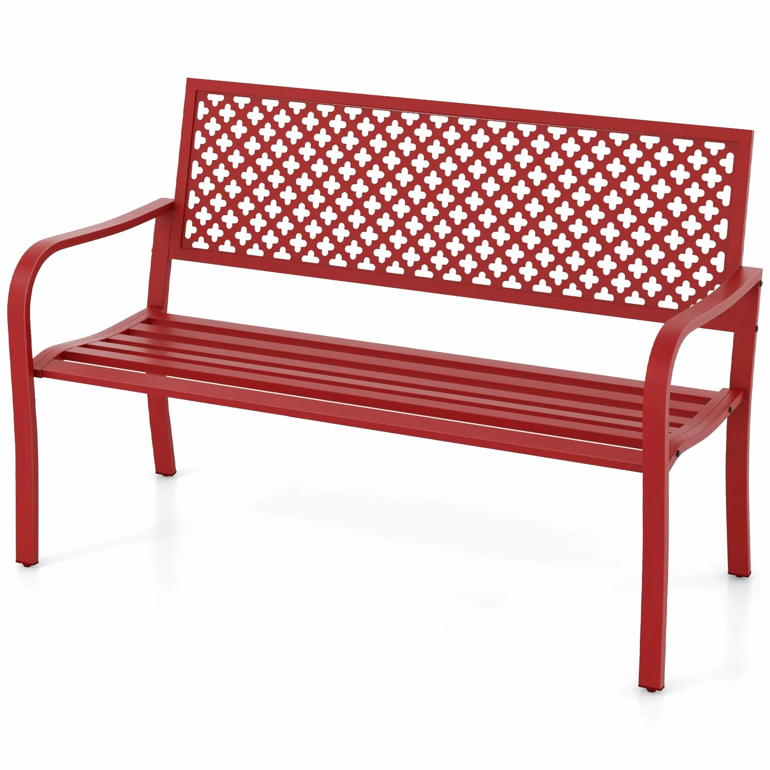 COSTWAY Panchina da Esterno, Panca da Giardin in Metallo con Schienale Traforato, Sedile a Doghe e Braccioli, Panchina Moderna per Cortile, Terrazzo e Giardino, Portata 300 kg (Rosso)