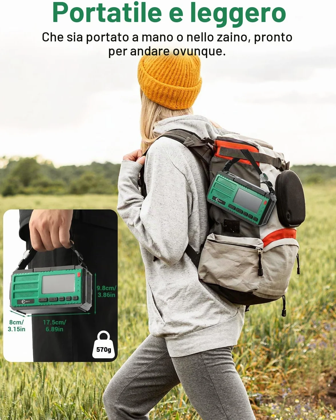 Esky 10000 mAh Radio Manovella AM/FM/NOAA Solare Portatile con Torcia, Bussola, Allarme SOS per Campeggio Emergenza