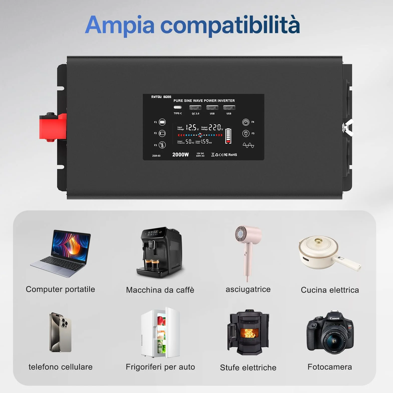 DATOUBOSS Inverter 12V 220V/230V Onda Pura 2000W Convertitore con Telecomando 2 Prese EU USB QC3.0 Type-C Display LCD