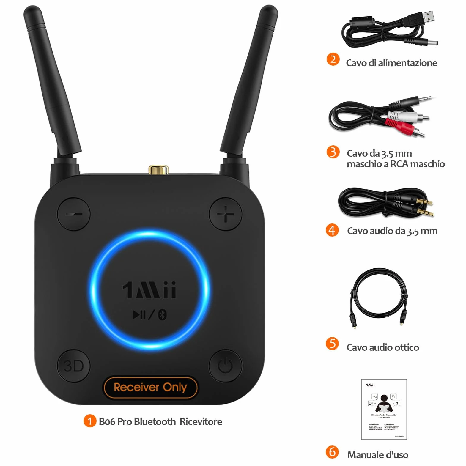 1Mii Ricevitore Bluetooth 5.3 HiFi, Adattatore Audio aptX Bassa Latenza Uscita Ottica Coassiale AUX RCA per Amplificatore