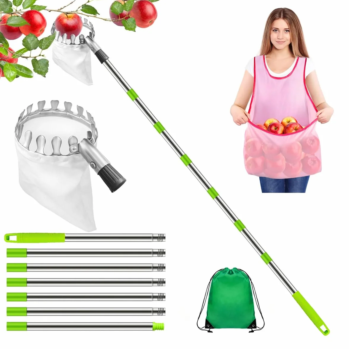 Raccogli Frutta Con Borsa per Grembiule – 2,8 m/9,2 ft Strumento Con Manico Telescopico, Asta Di Collegamento in Acciaio Inox E Sacchetto Di Immagazzinaggio, Picker per Apple Limone Cherry
