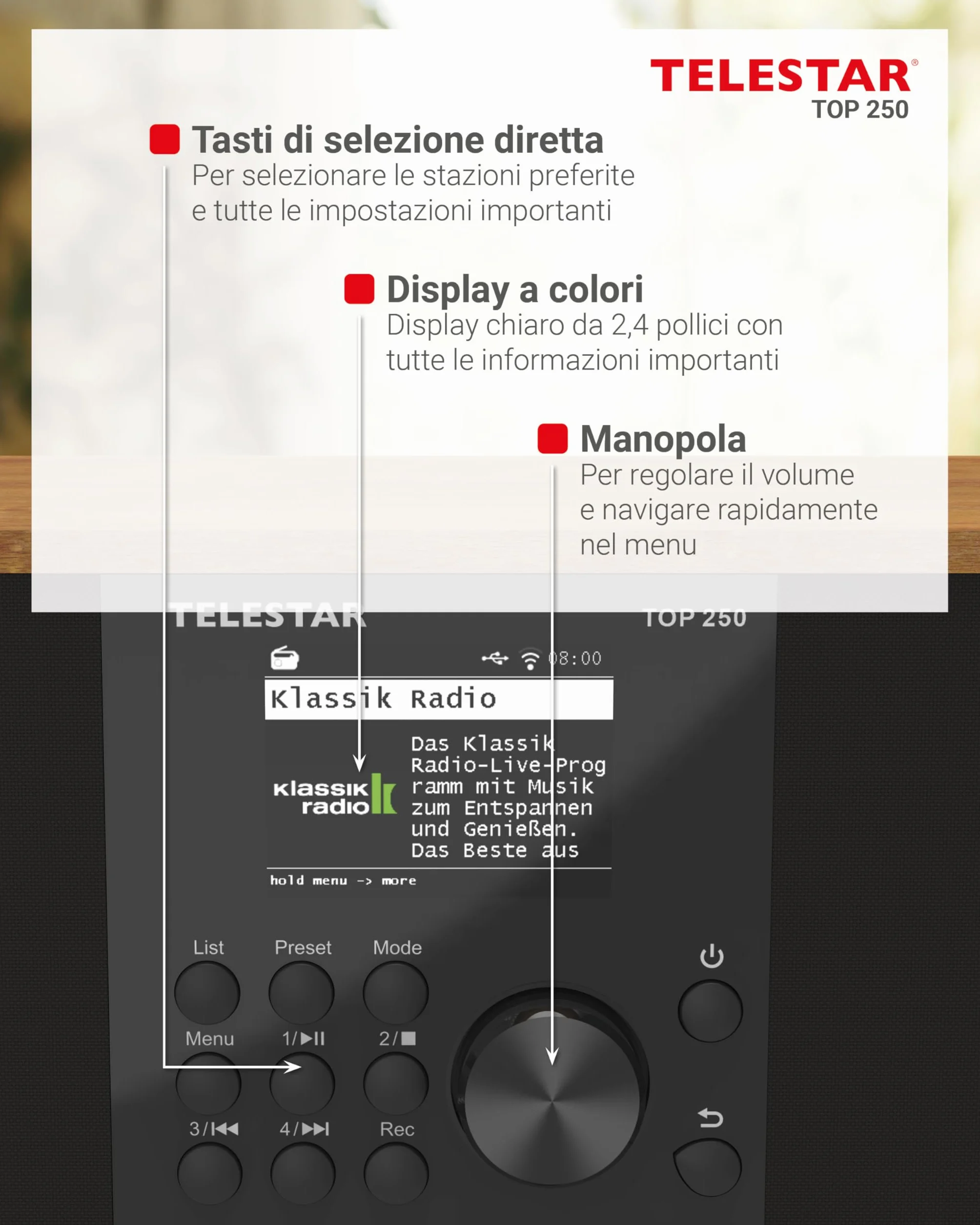 TELESTAR TOP 250 Radio DAB+ Internet Bluetooth Audio-Streaming 2x10W USB registrazione Legno