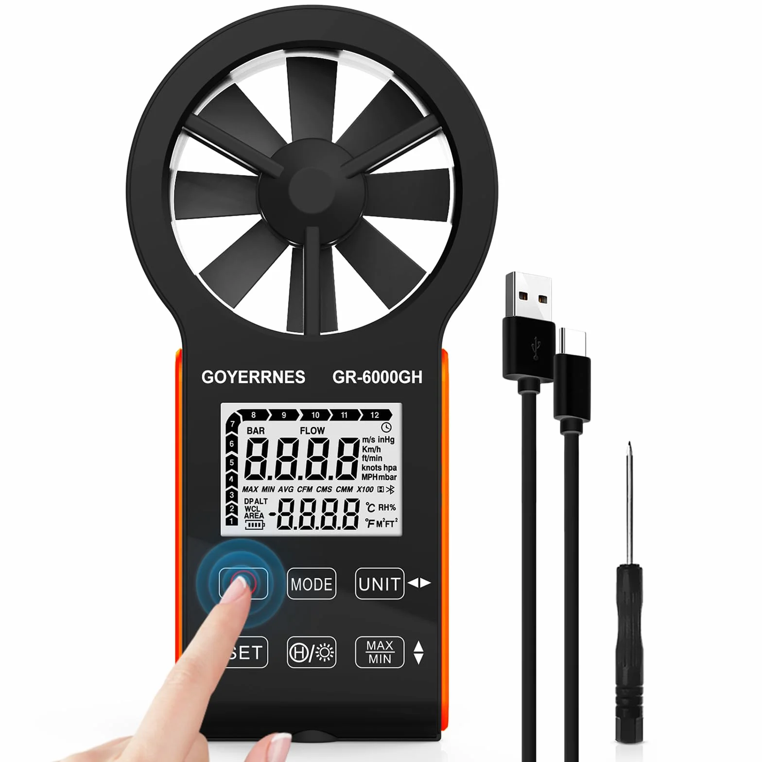 Anemometro digitale portatile misuratore di velocità del vento CFM GR-6000GH tester di flusso d'aria che misura la velocità dell'aria e temperatura del volume d'aria per bocchette HVAC, barca a vela