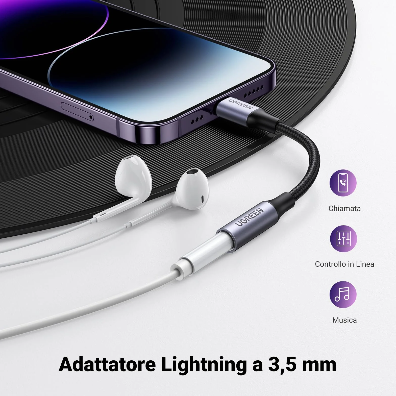 UGREEN Adattatore Cuffie MFi Certificato Cavo Lightning a Jack 3.5mm Compatibile con iPhone 14 Pro Max 13 12 Mini 11 SE XR XS Grigio