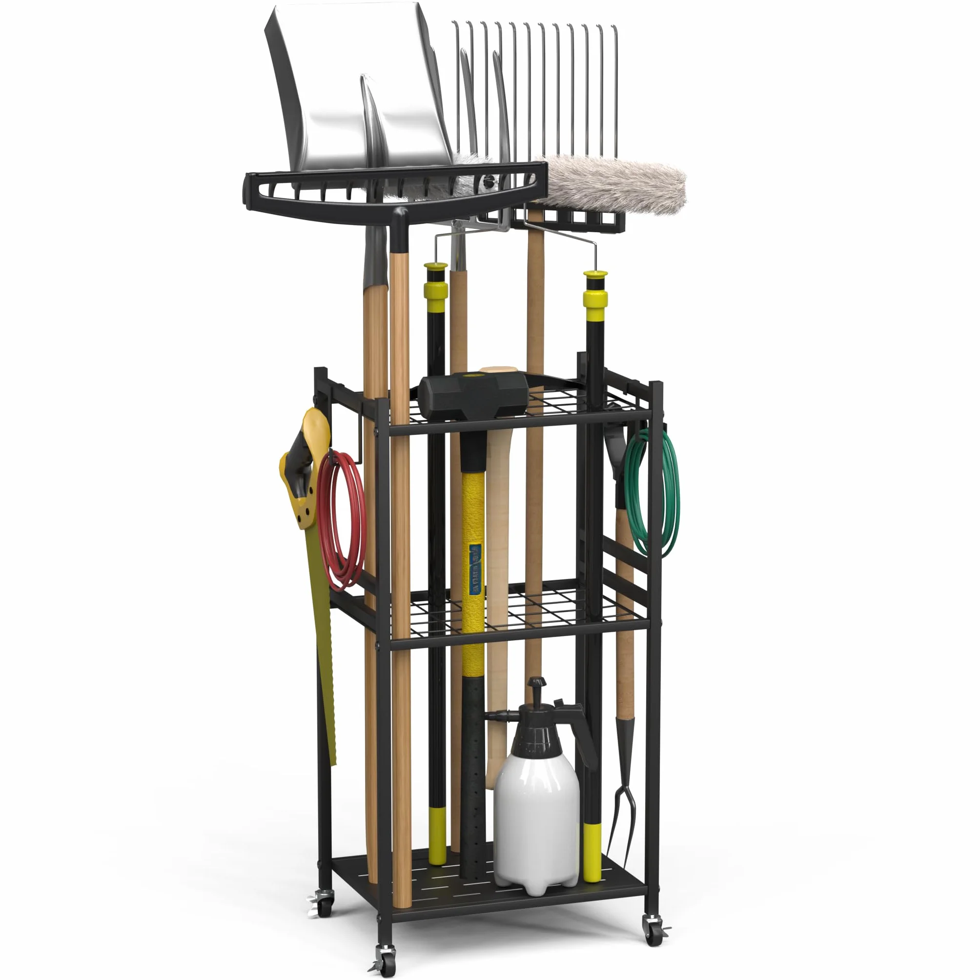 Organizer per Attrezzi da Giardino,Porta Attrezzi da Giardino,Supporto Metallo con 3 Livelli e Ruote, Conservazioneper fino a 35 Attrezzi/Scope/Rastrelli a ManicoLungo,42x30x80cm