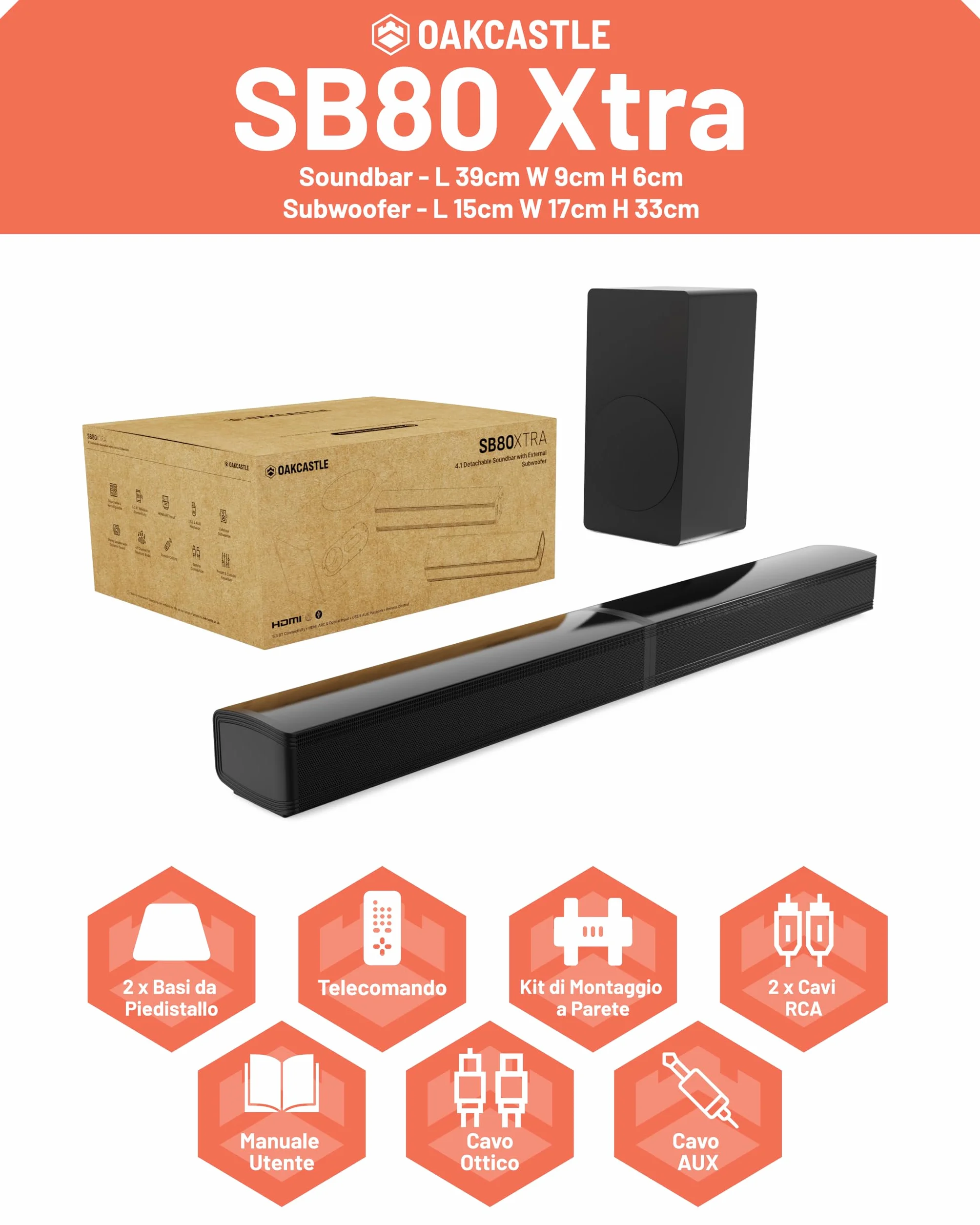 Oakcastle Home Theater Soundbar 2.1 Canali 200W Bluetooth 5.3 HDMI ARC SB80 Xtra