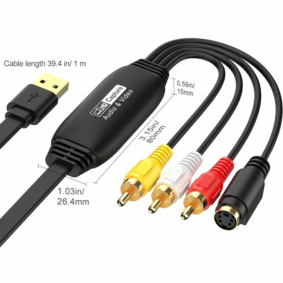 Scheda di acquisizione video USB CVBS convertitore digitale per videoregistratore VHS 720P S-Video USB 2.0 adattatore nero cavo 1m