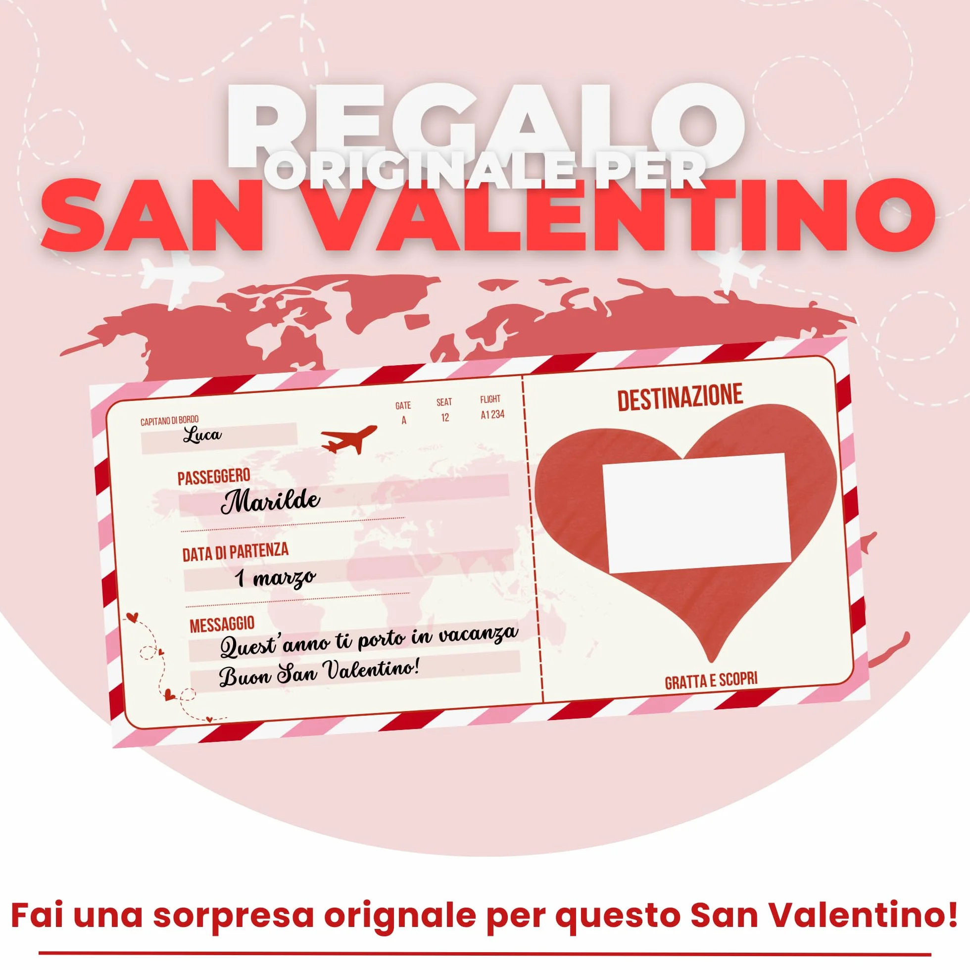 Biglietto Viaggio Sorpresa Gratta e Vinci | Biglietto Aereo Finto Regalo | Regalo San Valentino per Lei e Lui (Love)