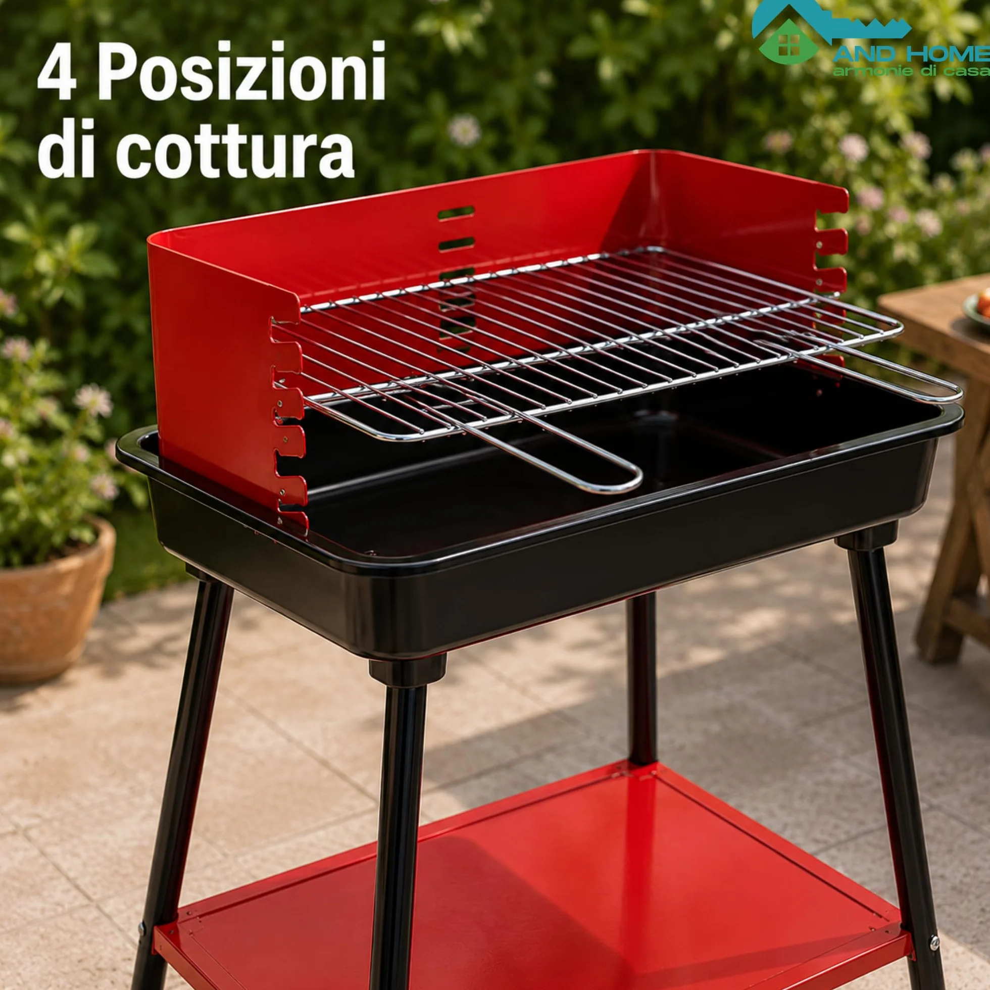 Barbecue Carbonella Rettangolare Stabile 4 Posizioni Cottura Griglia Cromata Rimovibile 53x34,5 cm Acciaio Carbonio