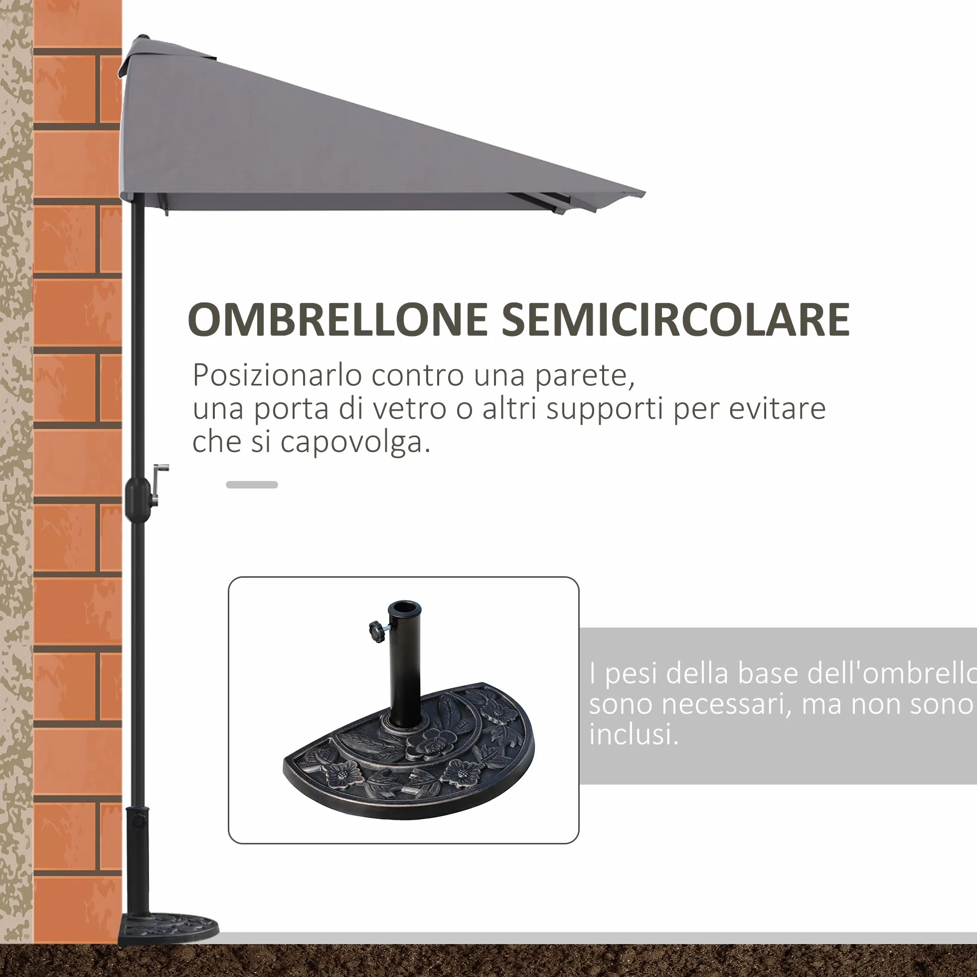 Outsunny Ombrellone Mezzaluna da Parete e Muro 2.3x1.3 m con Apertura a Manovella, Ombrellone da Giardino con 5 Stecche in Metallo e Poliestere 180g/㎡, Anti UV, per Terrazza e Balcone