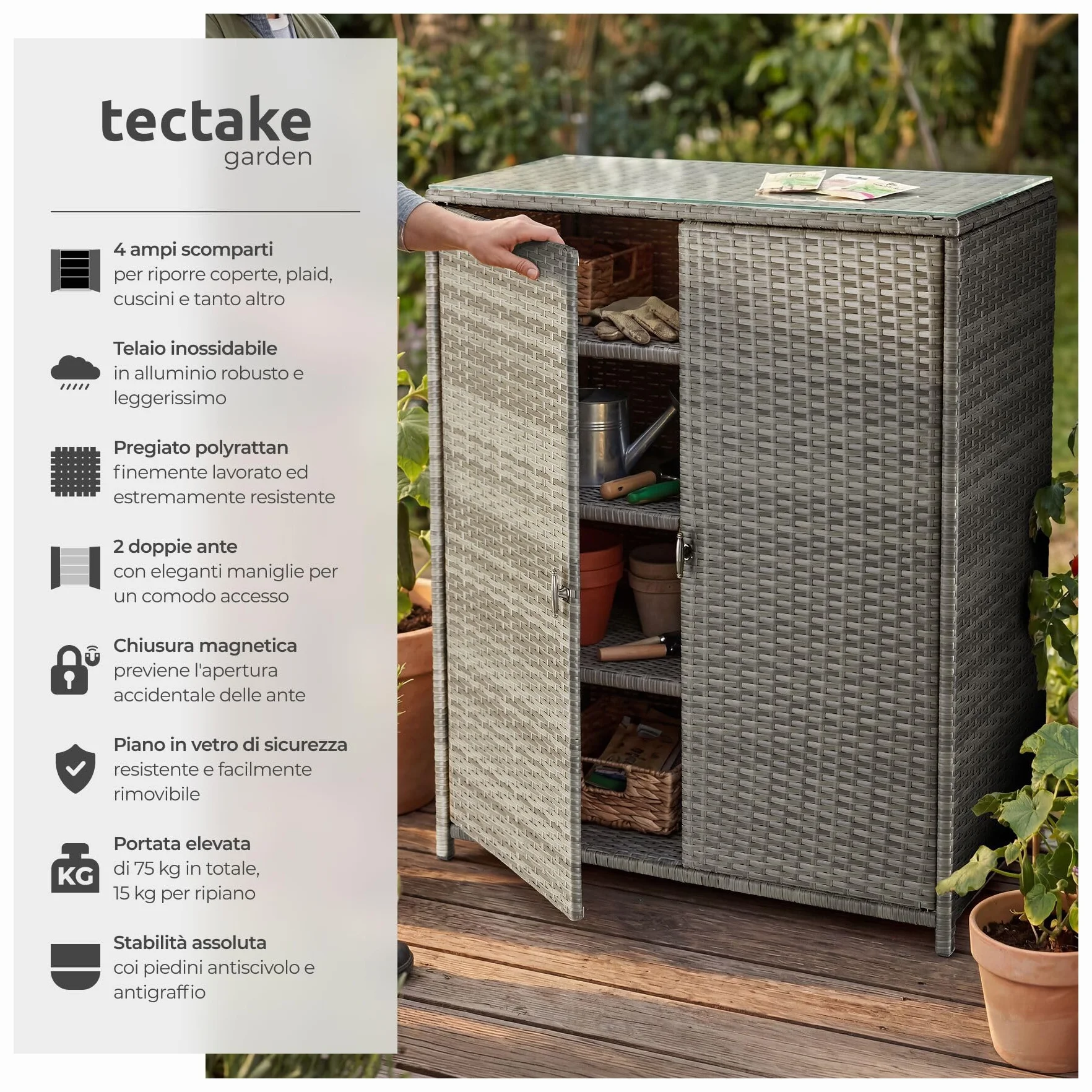 Tectake Armadio da Giardino in Rattan 84x40x103 cm 4 Scomparti Grigio