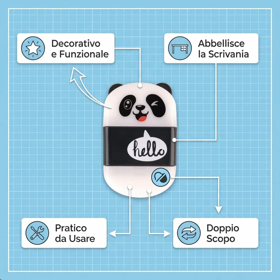 Colourbook Temperamatite 3 in 1 con Gomma e Contenitore Trucioli, Design Panda, Mini Temperino Compatto per Scuola, 4x1,5x1,5 cm