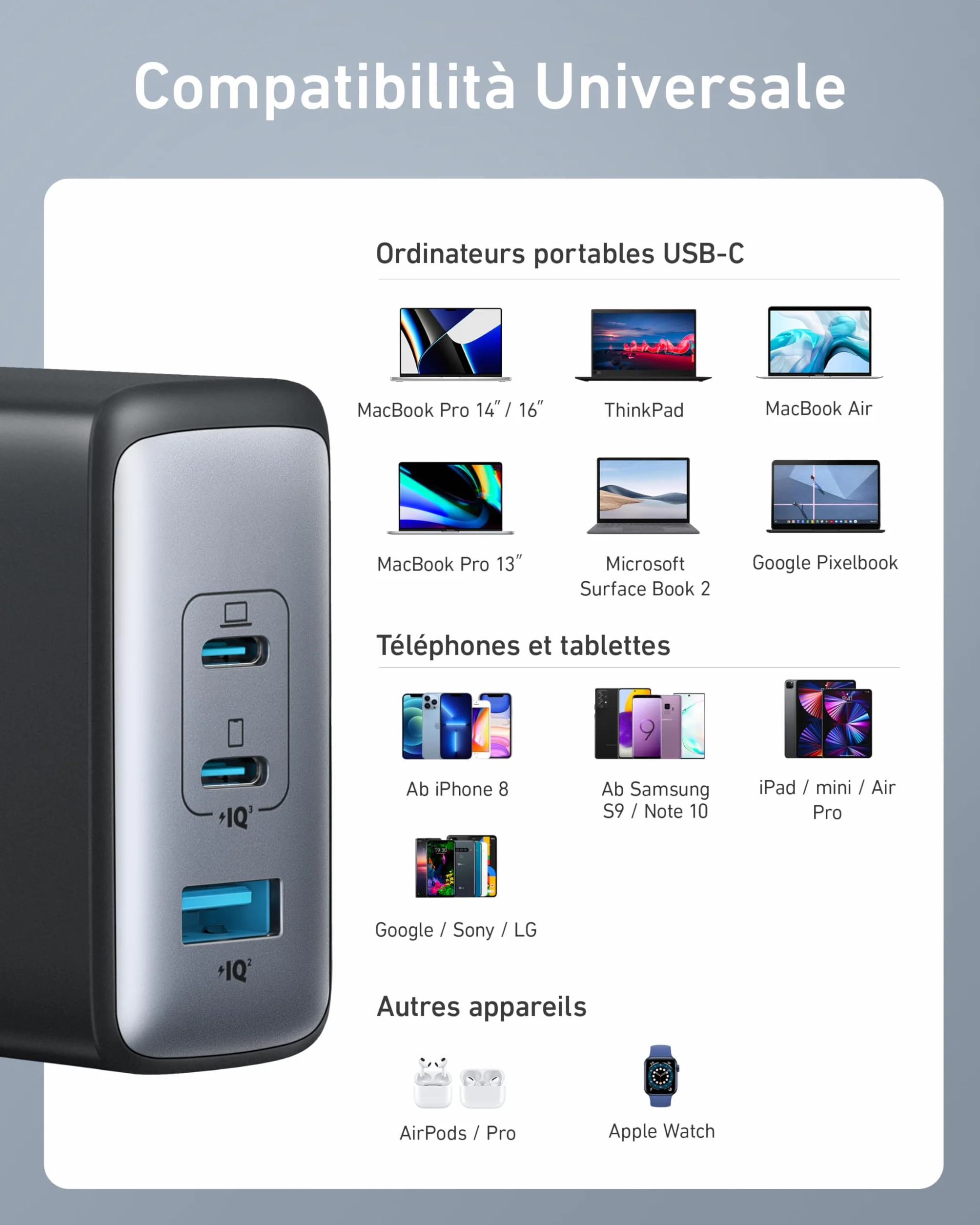 Anker Caricatore USB C 736 da 100 W Nano II, 3 Porte, per MacBook Pro, Google Pixelbook, Dell XPS, iPad Pro, iPhone 17 Pro Max, Samsung S25 Ultra