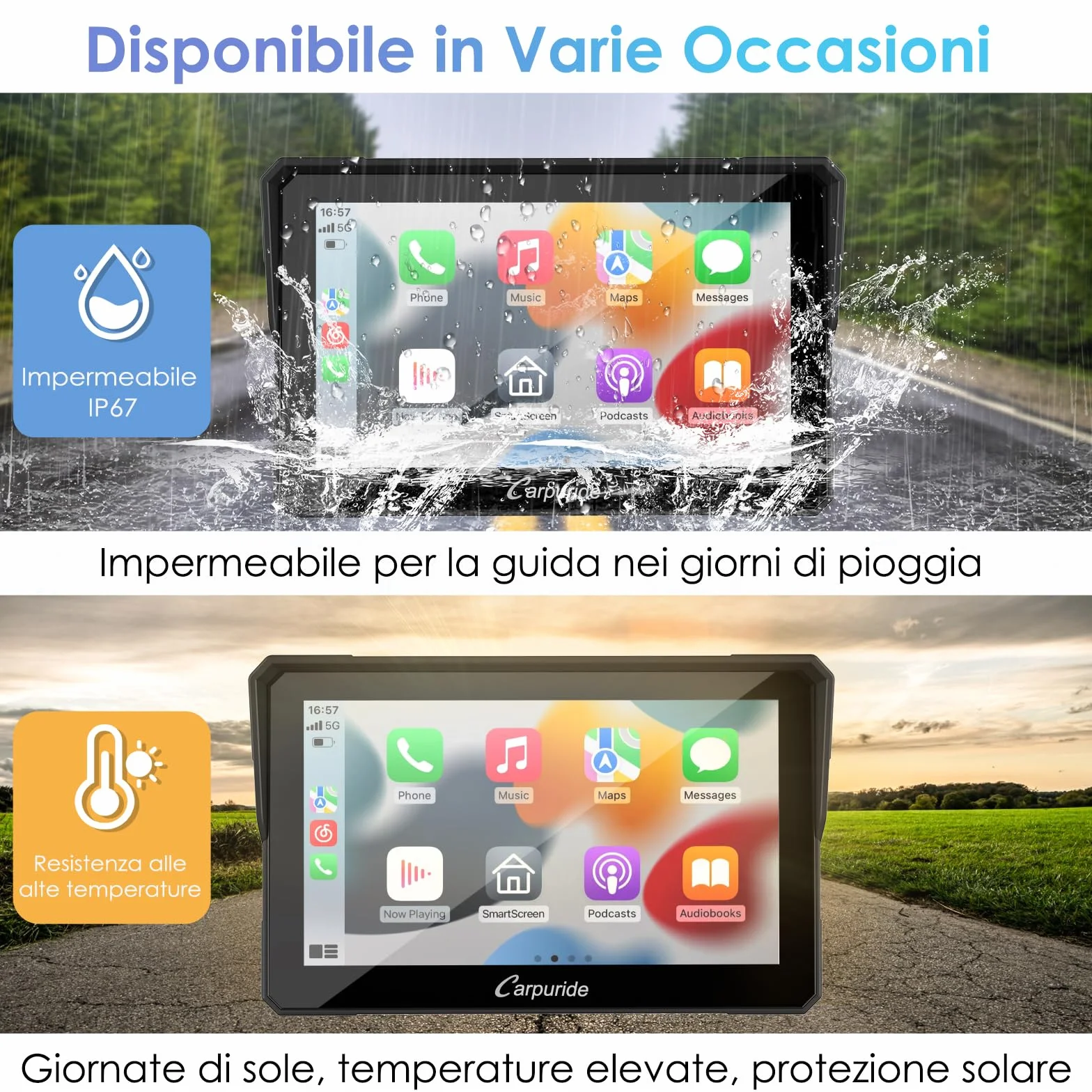 Carpuride W702 Schermo CarPlay Moto 7" Touchscreen Impermeabile GPS Bluetooth