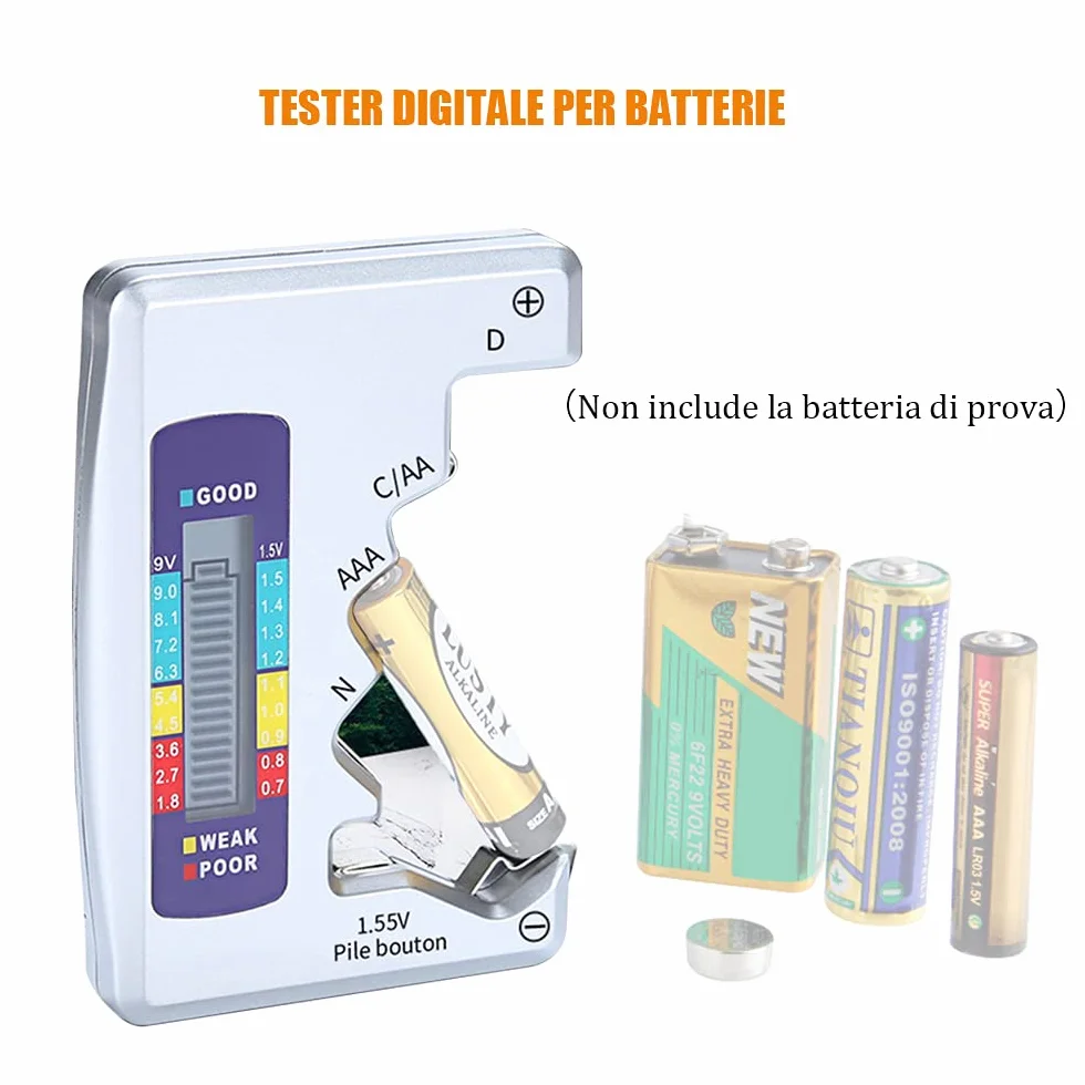 Tester Batterie Digitale con Display LCD per Batterie Universale AA AAA C D 9V 1.5V