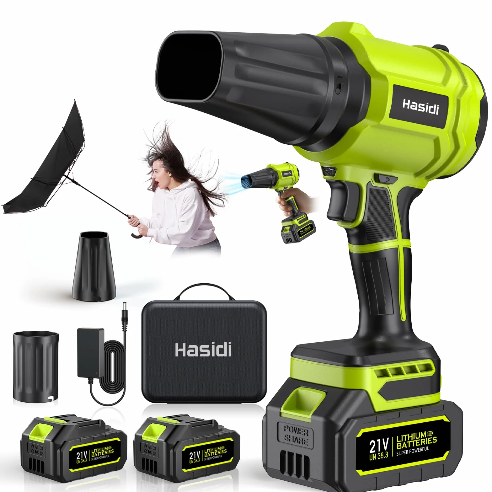 Soffiatore a Batteria, 900.000 RPM, Soffiatore Foglie Elettrico Completo di 2 Batterie, Caricabatterie e 2 Ugelli, per Giardino, Cortile, Auto e Rimozione Neve, Verde