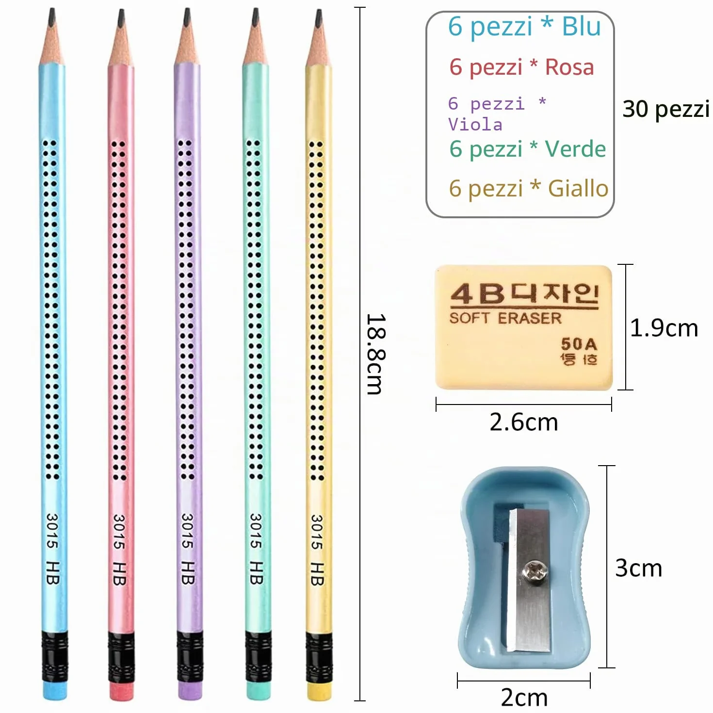 Set di 30 matite HB triangolari pre-affilate con gomma e temperino - Blu