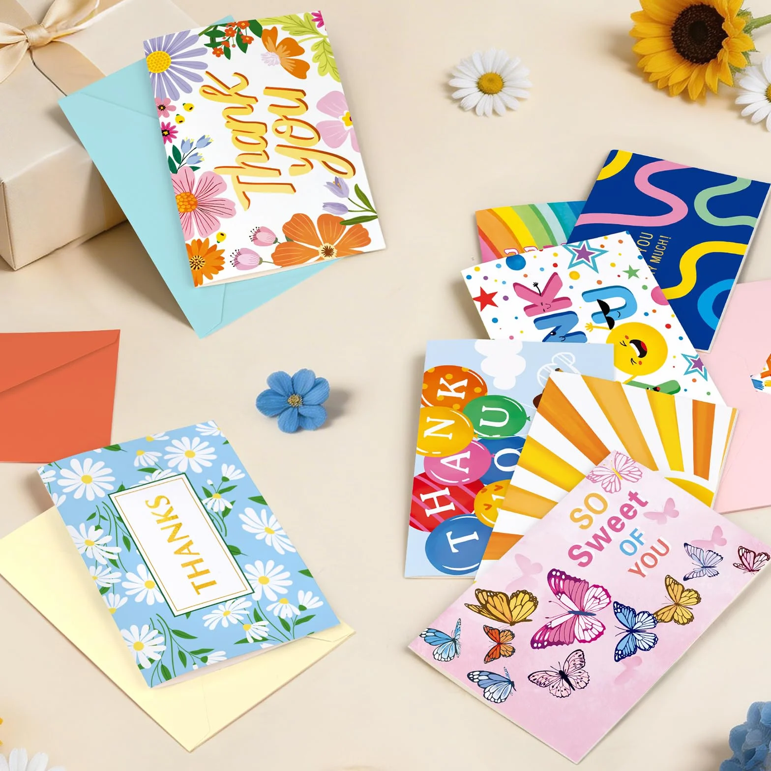 48 Pezzi Biglietti di Ringraziamento in Assortimento, 12 Design Unici con 50 Adesivi e 48 Buste, Carta 4x6in