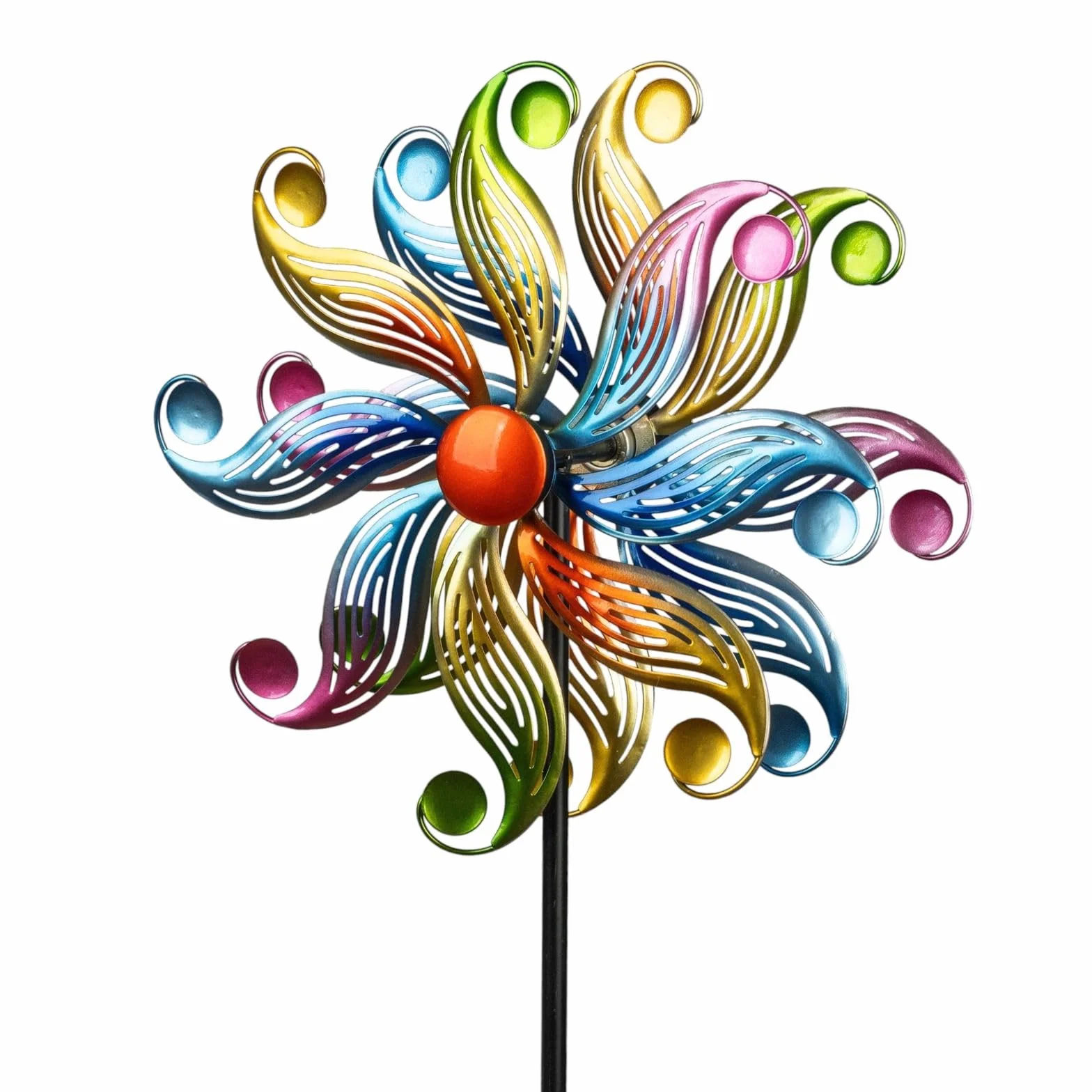Kremers Schatzkiste Girandola a vento a forma di fiore, in metallo, con cuscinetti a sfera, Ø 30 cm/122 cm, con picchetto, 3 pezzi, decorazione da giardino resistente alle intemperie, per aiuole