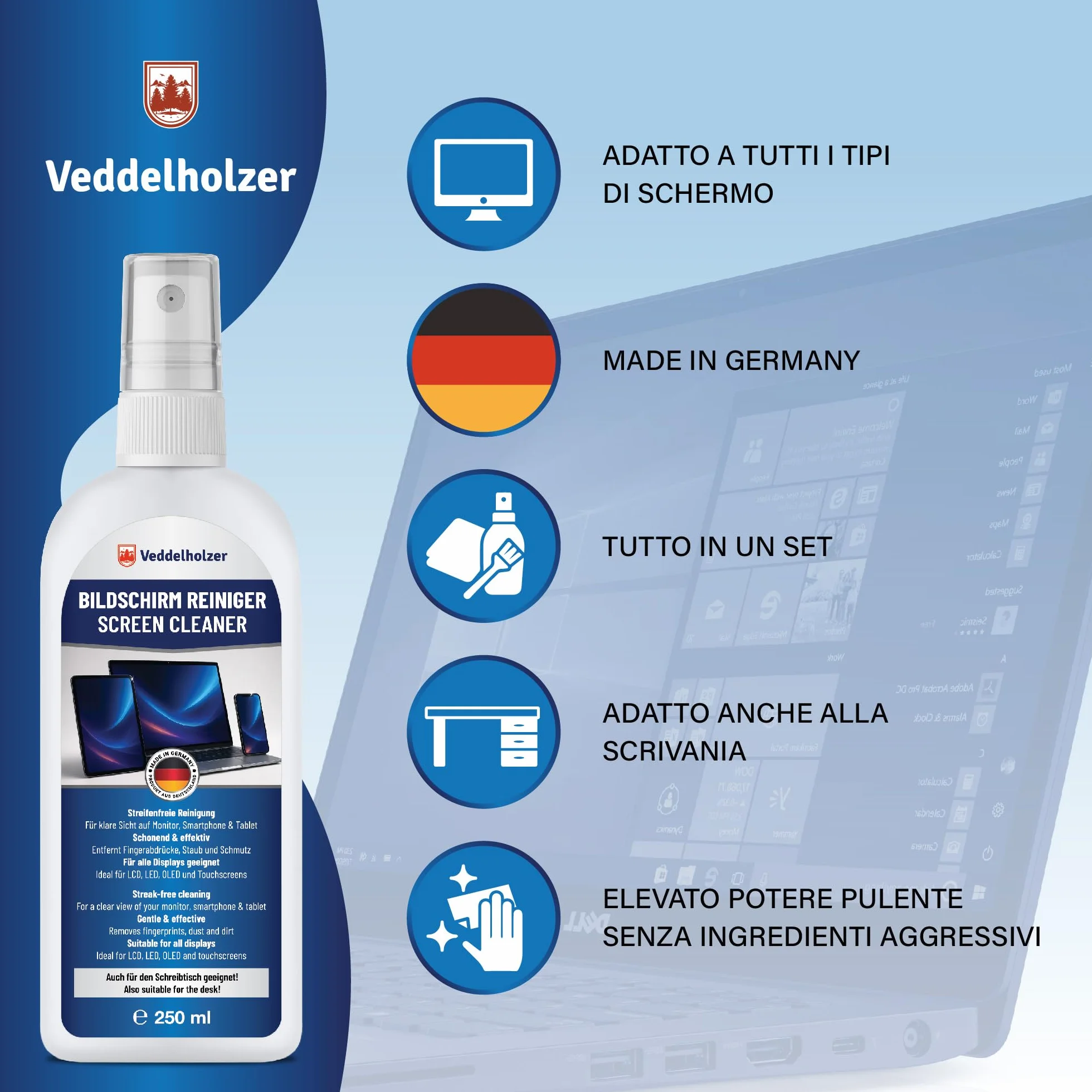 Veddelholzer Set di pulizia dello schermo 250 ml, detergente per display con panno in microfibra e pennello per tastiera