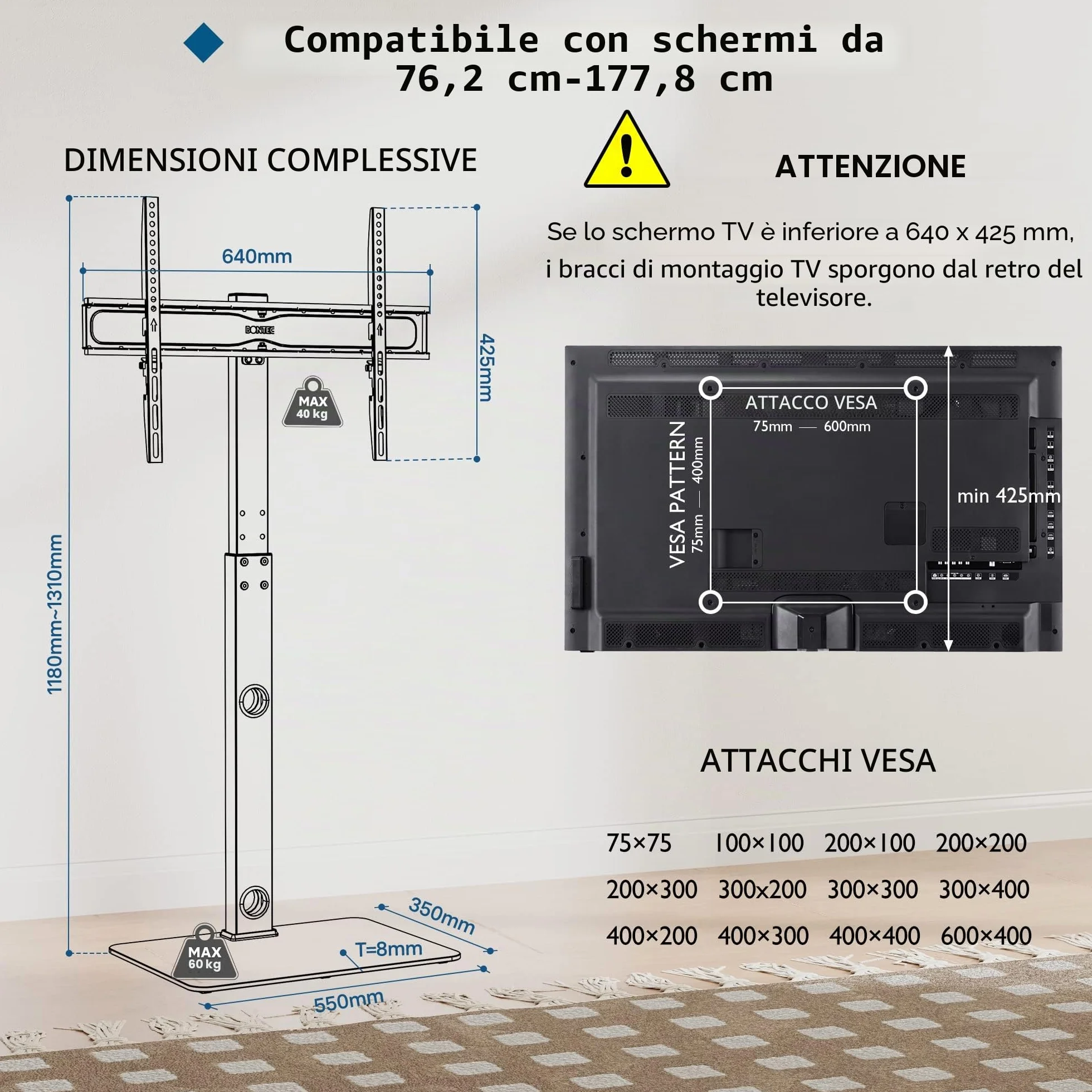 BONTEC Supporto da pavimento per TV 30-70 pollici LED LCD OLED plasma piatto curvo, altezza regolabile, VESA 600x400mm, 40kg