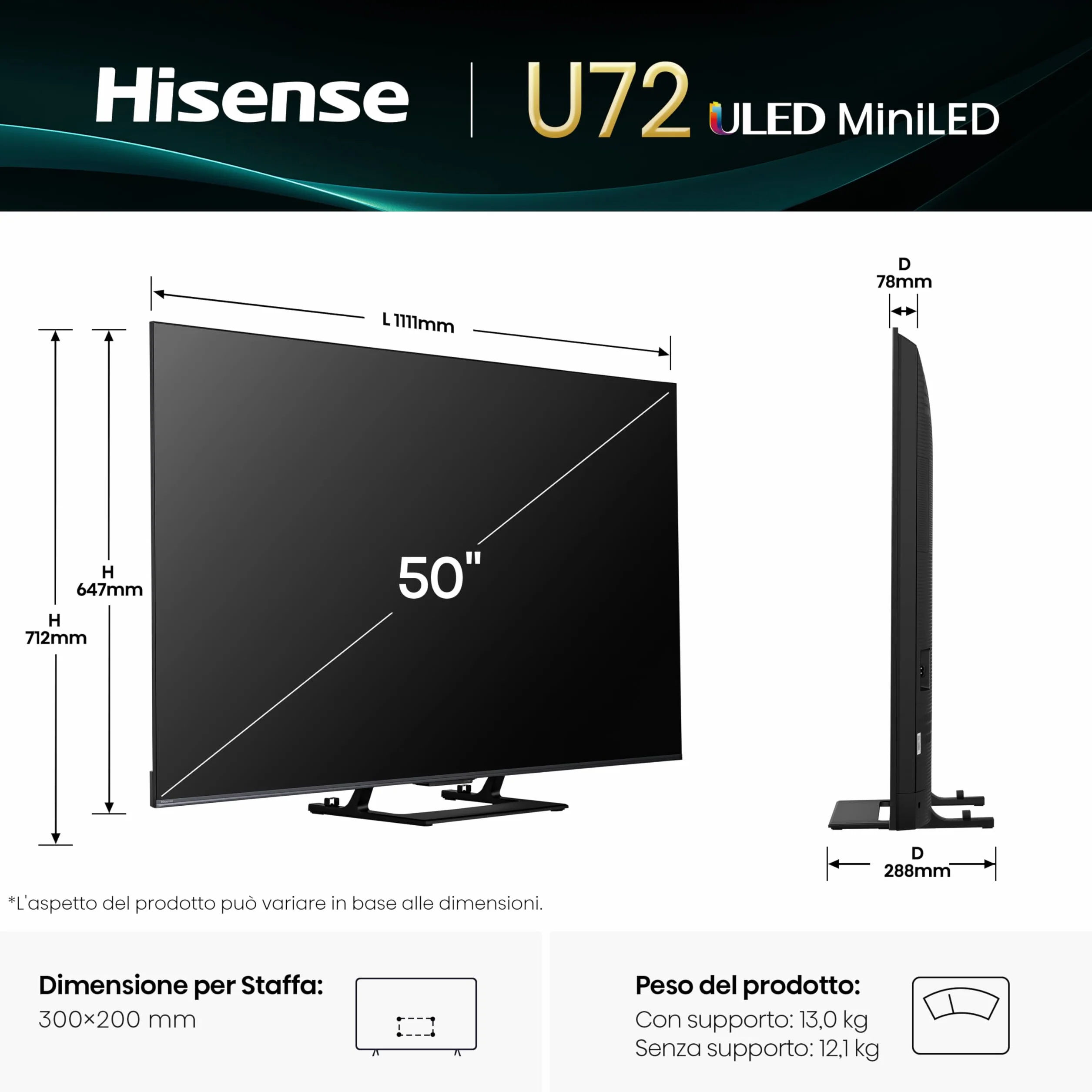 Hisense 50" Mini-LED 4K Smart TV 50U72Q 144Hz Dolby Vision IQ HDR10+ Game Mode PRO Dolby Atmos 2.1