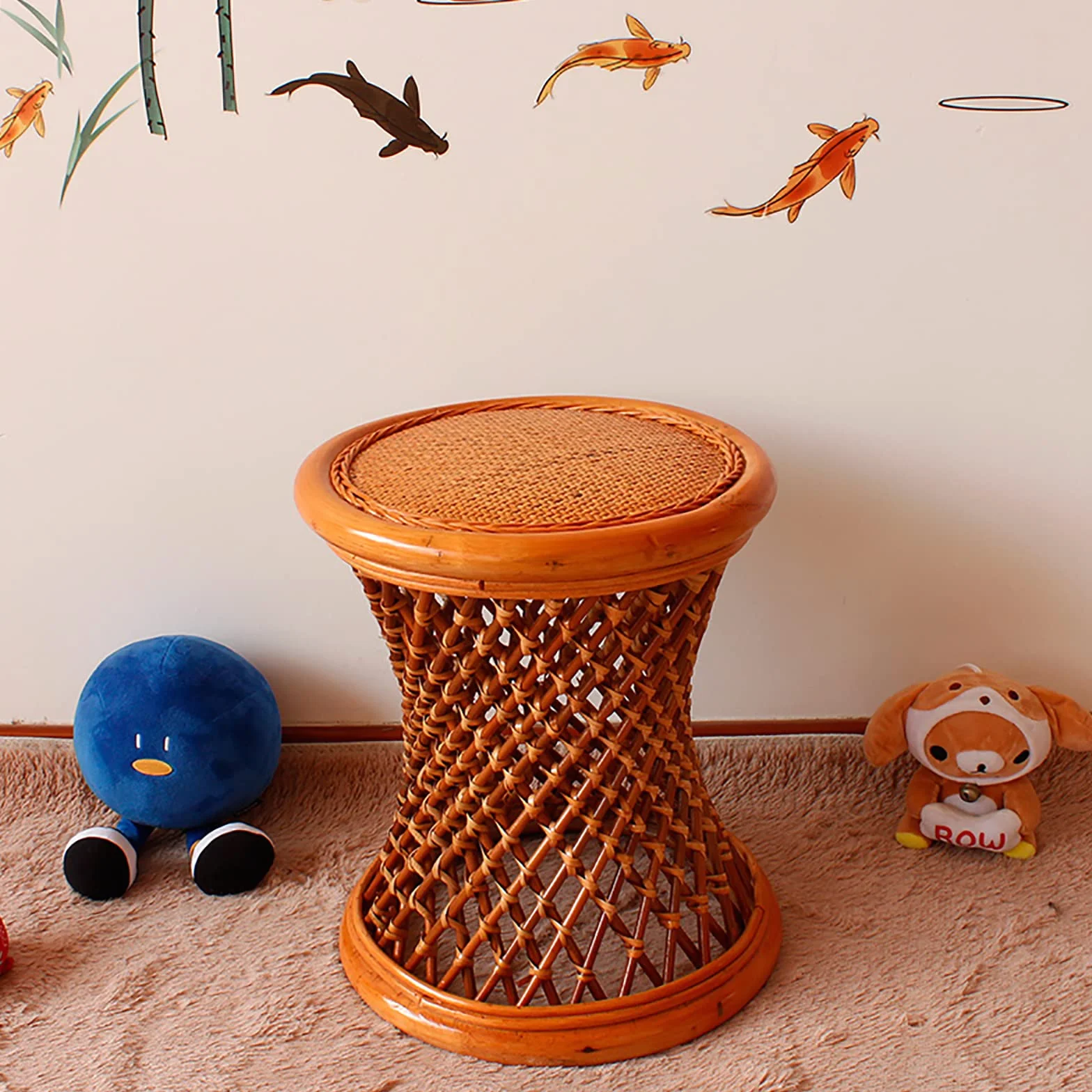 Sgabello in Rattan Naturale Premium, Sgabello Ottomano in Vimini Intrecciato a Mano, Sgabello Multifunzione Rustico con Accento in Legno Tavolino per Giardino Esterno-E 42x36x36 cm (17x14x14 pollici)