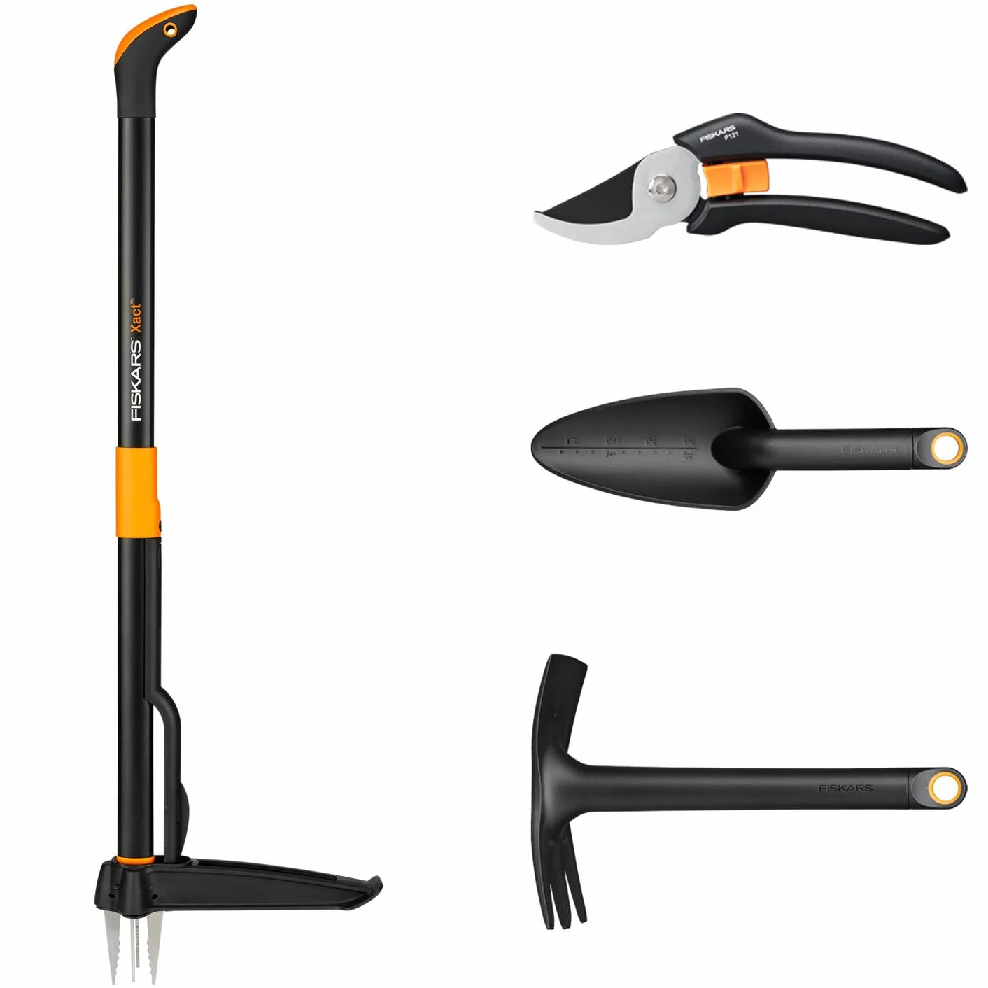 Fiskars Set di Attrezzi da Giardino, 4 pezzi, Xact Tagliaerba, Lunghezza: 1 m, Solid Zappa Combinata, Lunghezza: 28 cm, Solid Cazzuola per Fiori, Lunghezza: 28 cm, Solid Forbici Bypass P121, 1077309