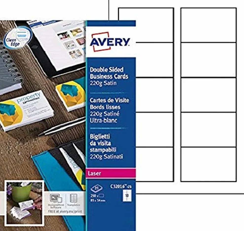Avery Italia C32016-25 Biglietto da Visita Stampabile Fronte/Retro, 10 per Foglio, Confezione 25 Pezzi, Bianco