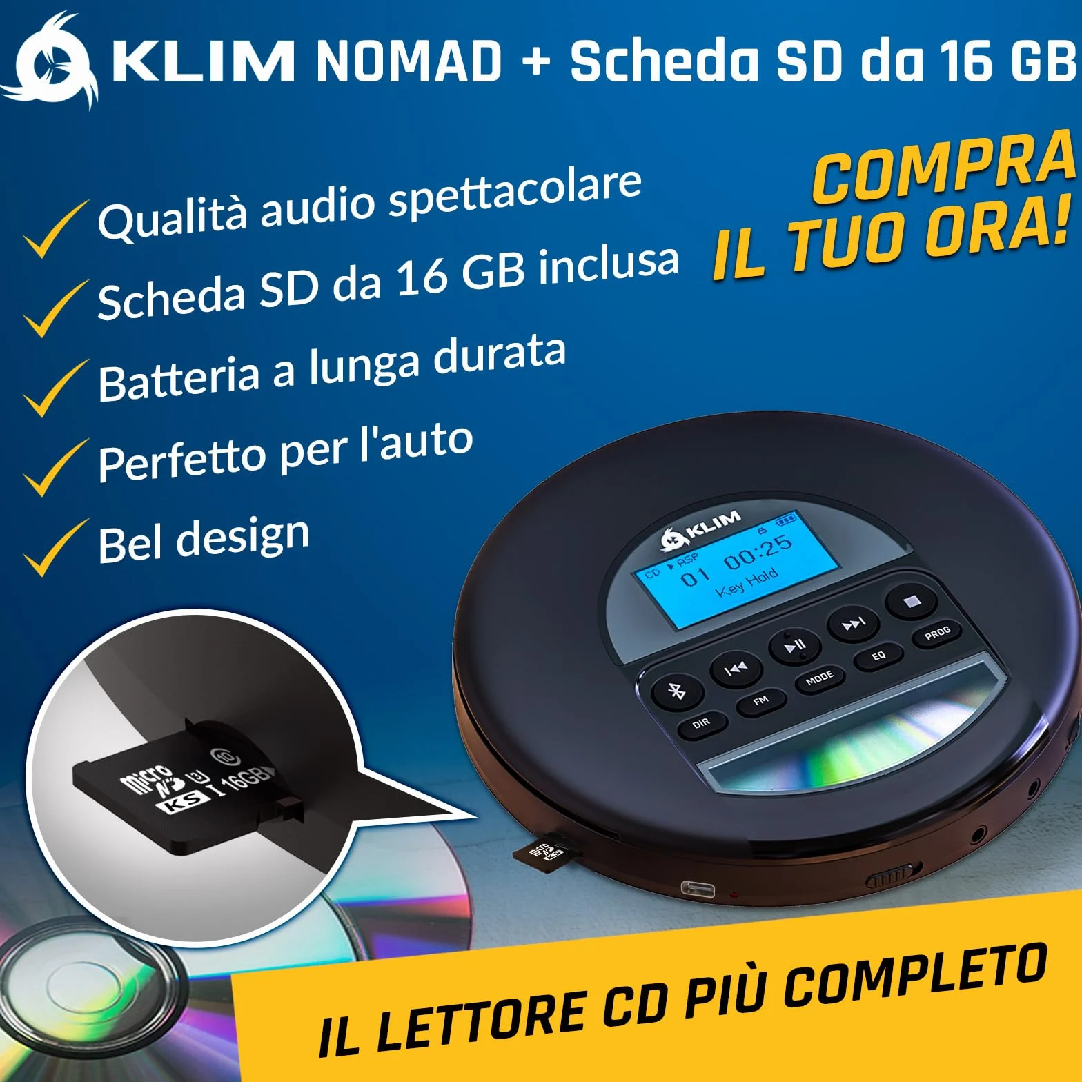 KLIM Nomad Lettore CD Portatile Bluetooth 16GB TF Card Radio FM Nero