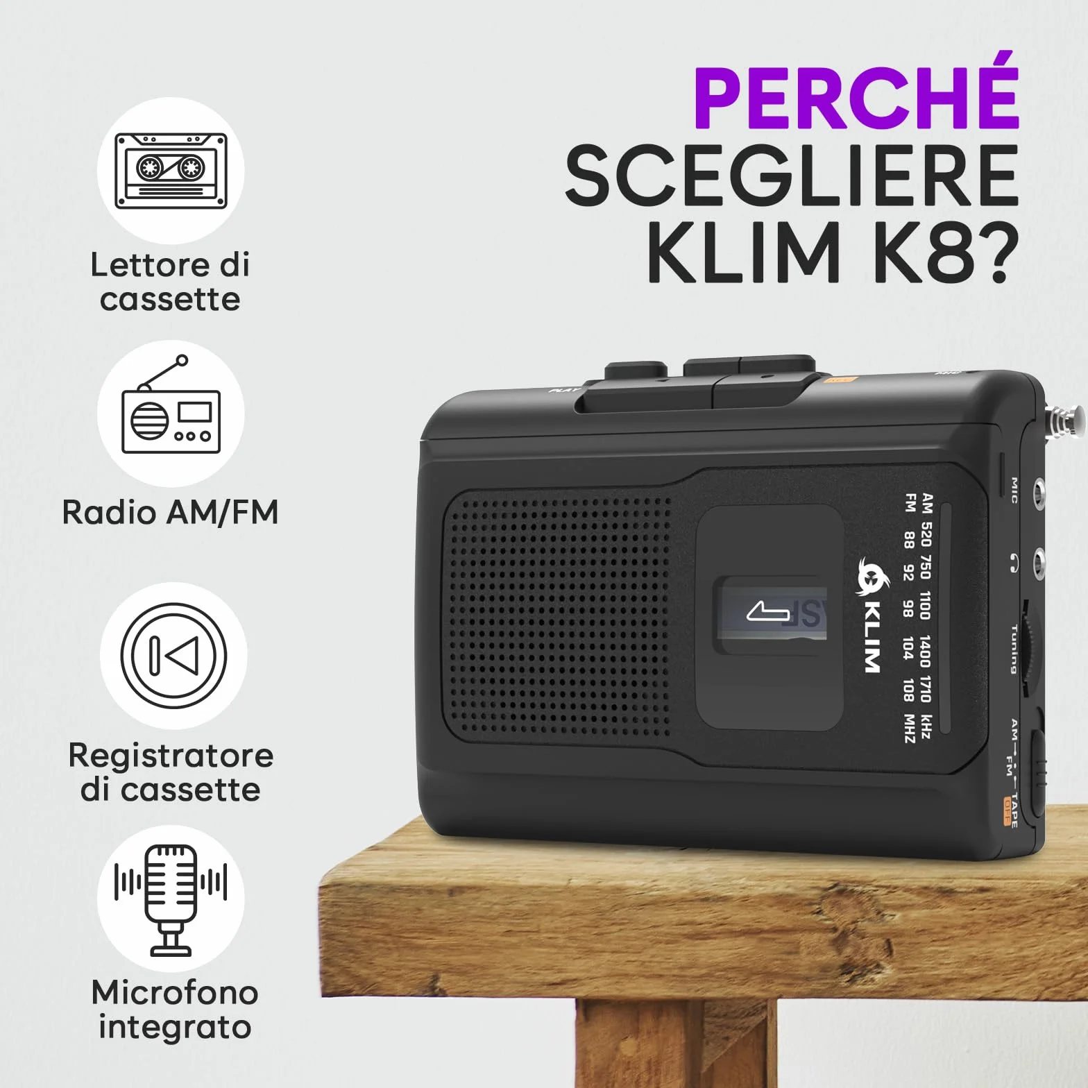 KLIM K8 Lettore Cassette Audio Registratore Cassette Radio AM/FM Microfono Altoparlante Integrato Nero