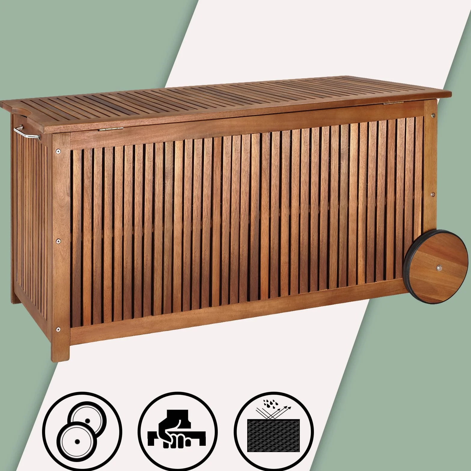Casaria® Baule da Giardino 120cm Legno di Acacia 2 Ruote Incl. Telo Impermeabile Salvaspazio Cassapanca Esterno Balcone
